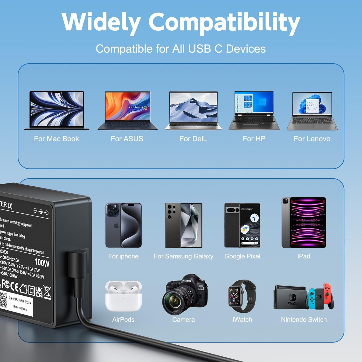 USB C Laptop Charger, 100W USB C Charger Fast Charging for for Lenovo, HP, Dell, Mac Book Pro, Asus,Acer,Tablet Chargers Adapters Power Cord Type-C 100W 96W 90W 87W 65W 45W 30W image number 2