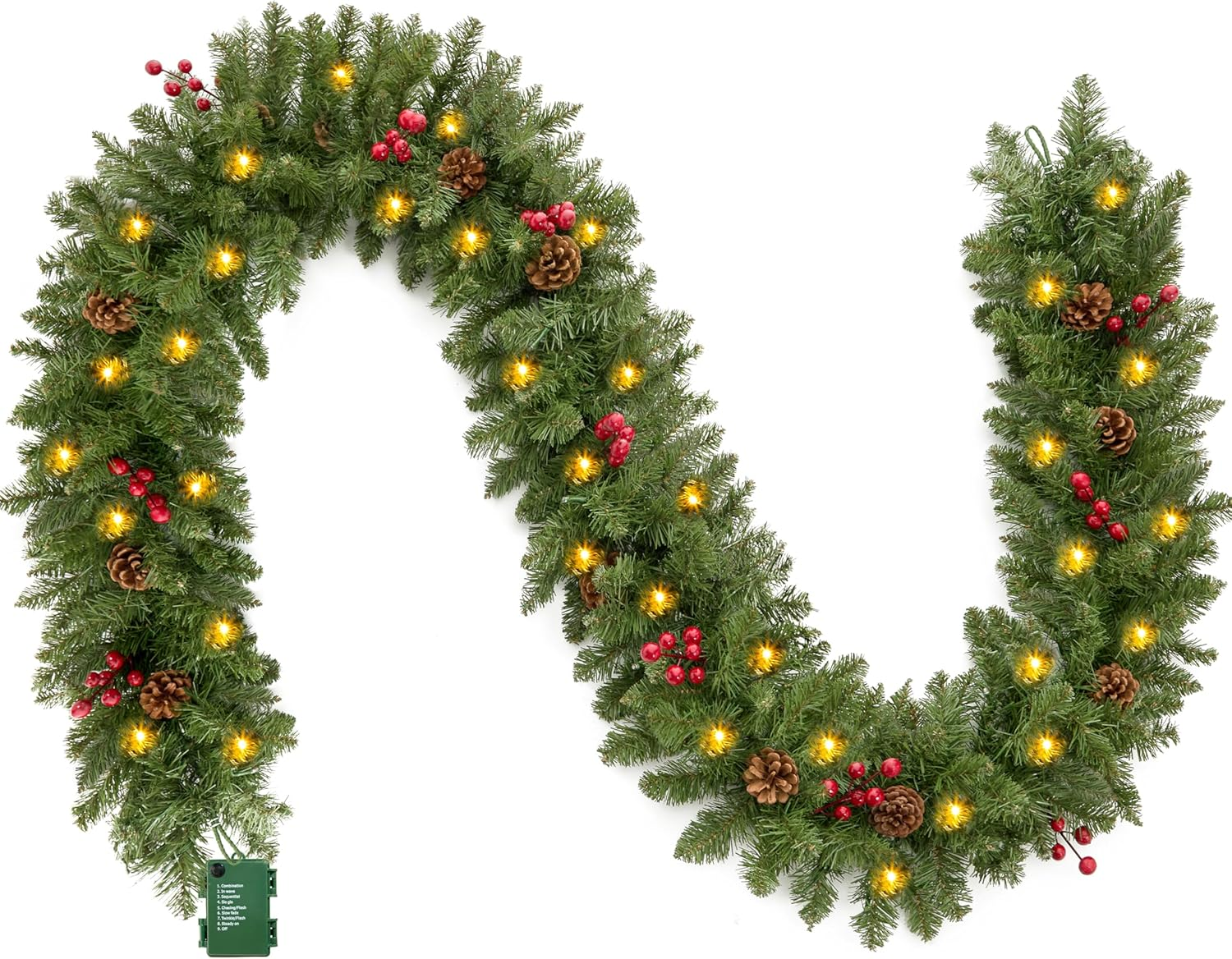 Joiedomi 9Ft Artificial Christmas Garland Prelit with 100 LED Lights, 27 Pine Cones, 27 Red Berries for Home & Office Christmas Decorations (Battery Powered, Batteries Not Included) image number 6