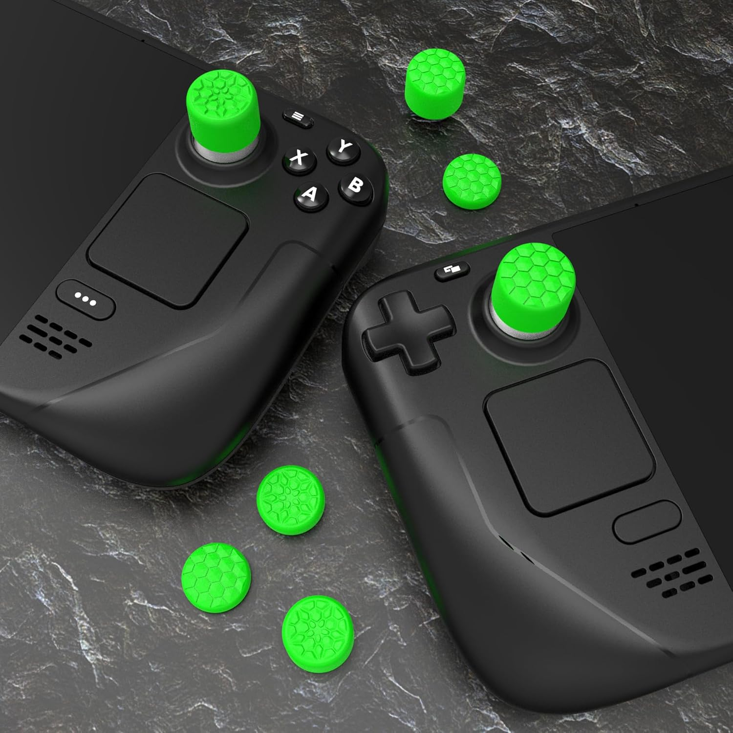 Green Ergonomic Stick Caps Thumb Grips for Steam Deck LCD & OLED, for PS Portal Remote Player - with 3 Height Convex and Concave - Diamond Grain & Crack Bomb Design, Set of 10