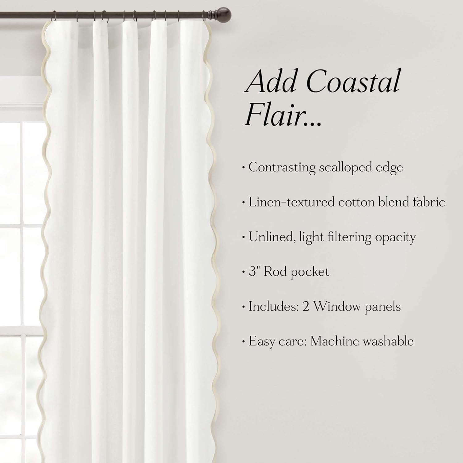Lush Decor Coastal Chic Scallop Edge Window Curtain Panel Pair, 52" W X 84" L, Gray & Off-White image number 5