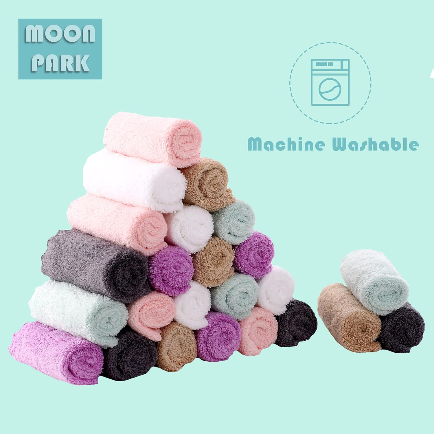 MOON PARK Baby Washcloths, 24 Pack - 8X8 Inches, Small Burp Cloths and Baby Wipes - Microfiber Coral Fleece Ultra Absorbent and Soft for Newborn, Infant and Toddlers - Multicolored - Multicolored image number 3