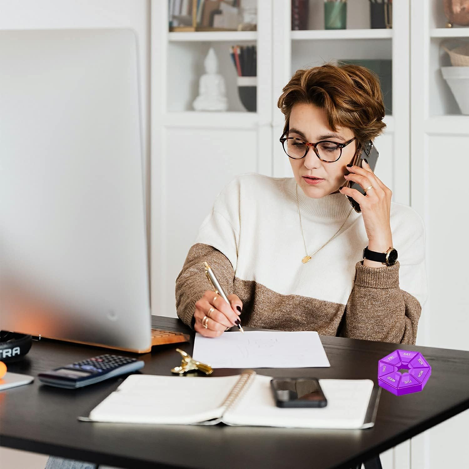 2Pcs 7-Sided Portable Pill Planner, Small Case - 7 Day Weekly Travel Container, Purple image number 5