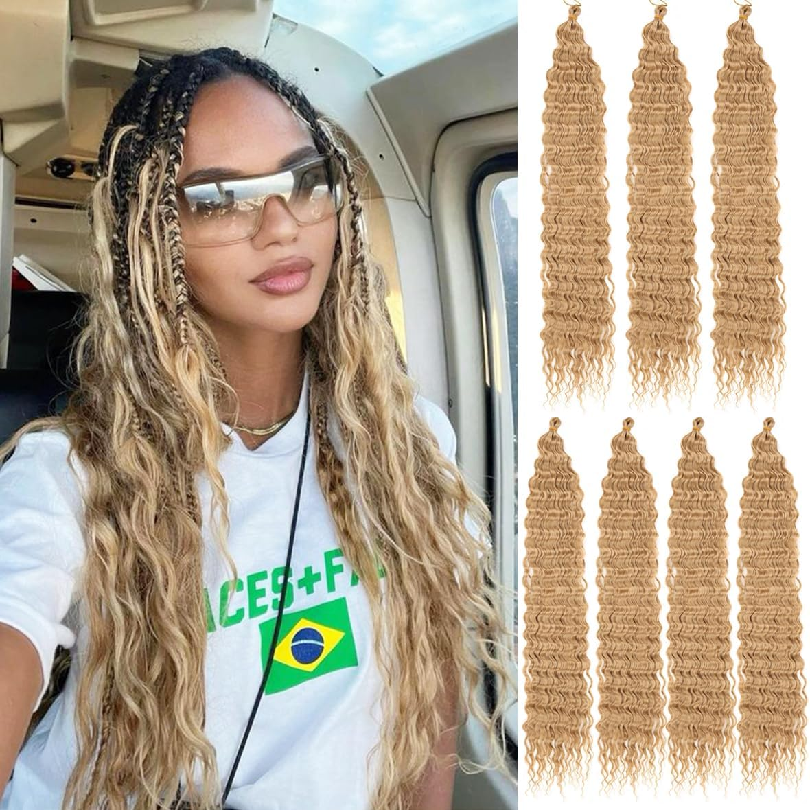 Kachanaa 30 Inch Pre-Separate Deep Wave Braiding Hair Extensions for Goddess River Braids 3 Pack Synthetic Ocean Wave Crochet Hair for Boho Box Braids Blonde EZ Braiding Hair /27#
