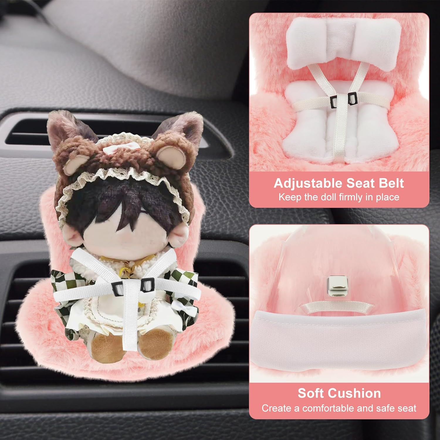 Car Seat for Dolls Car Seat Decor with Soft Furry Cushion Car Ornament for Decorative Car Sofa Seat Cute Air Vent Decor to Display Doll Toy (Pink) image number 1