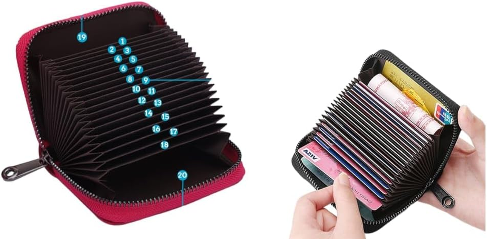 20 Cards Portable Leather Card Holder, Credit Card Bank Card ID Card Holder with a Lots of Space,Easy to Carry Leather Small Business Card Case for Woman and Men with a Full around Zipper