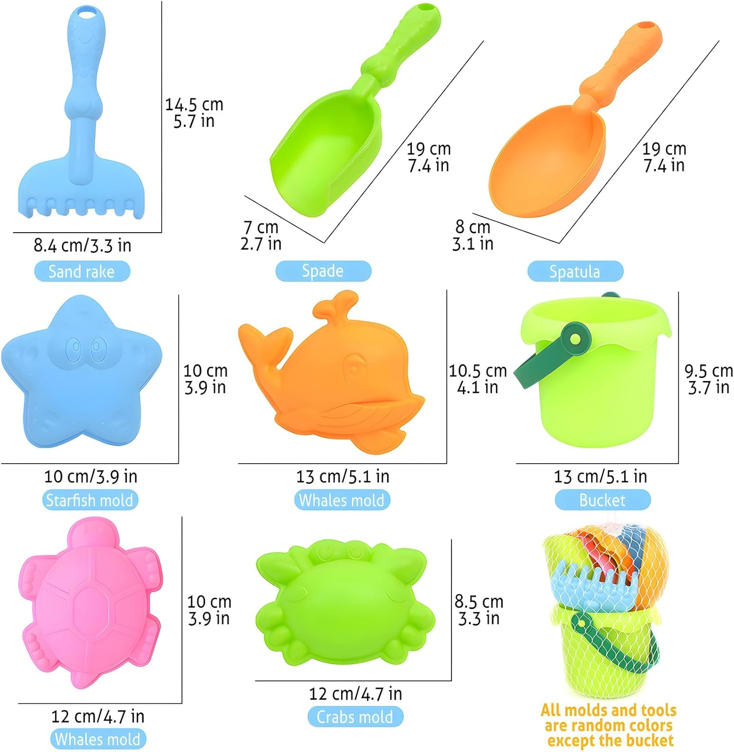 8 Pcs Buckets and Spades Beach Sand Pit Toys for Kids, Beach Water Play Sandbox Toys Set with Mesh Bag Sand Molds Shovel for Kids Boys Girls Travel Summer Outdoor