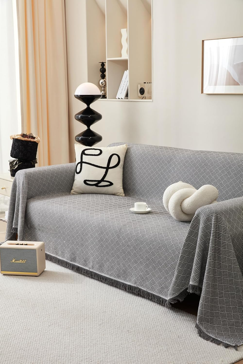 Sofa Cover Blanket, L Shape Sectional Couch Covers Protector (NOT for Dog Cat Pet) Weaved (Grey, 180X300Cm/71X118) image number 6