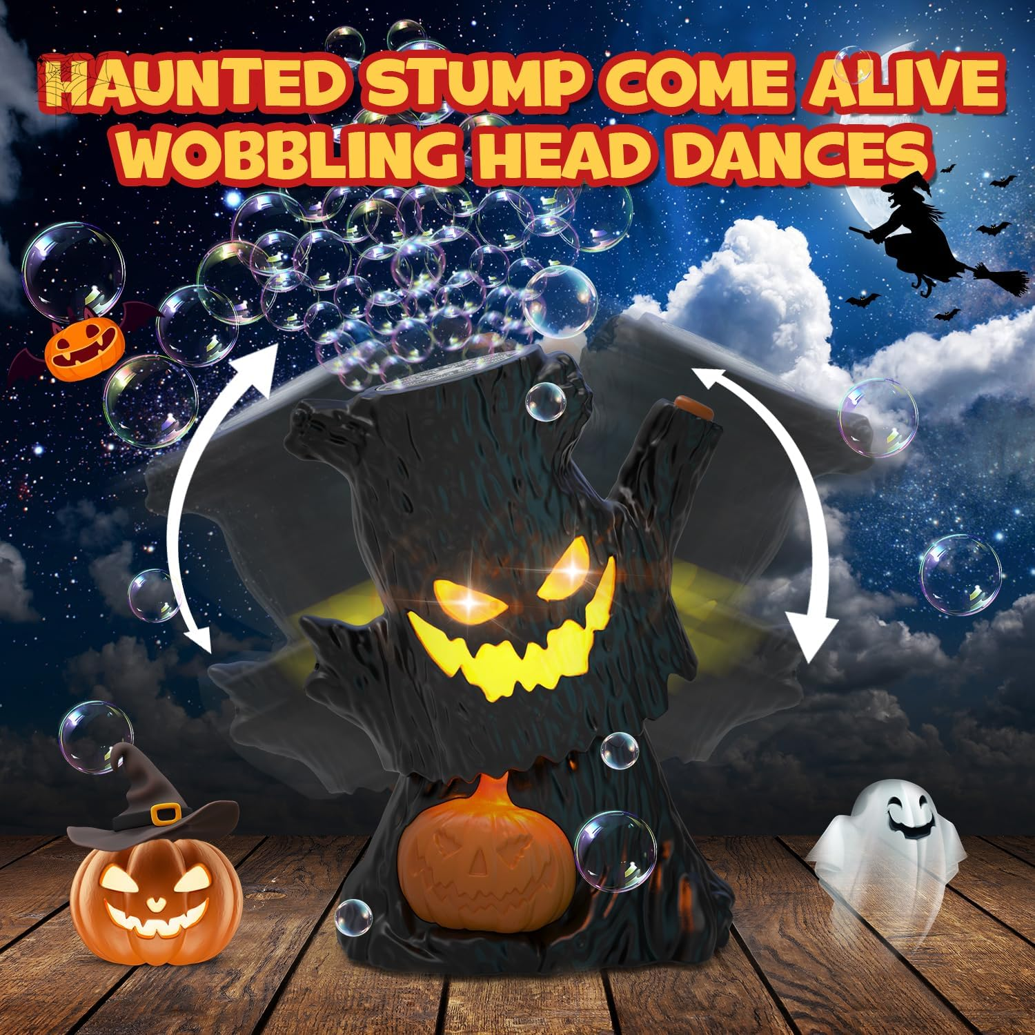 Halloween Bubble Machine, Haunted Stump Bubble Blower, USB Rechargeable, Wobbly Head Fun, Glow Eyes - Halloween Decorations Tree Toys Gifts for Kids, Boys, Girls image number 1