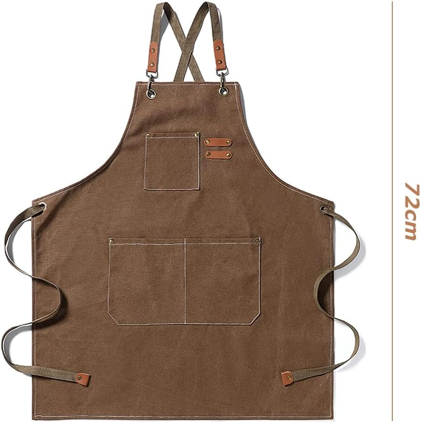Kitchen Thicken Canvas Apron with Adjustable Straps and Large Pockets, Cooking Baking Bib Apron, Apron Suitable for Painting Pottery Ceramics (Coffee, 72 CM) image number 4