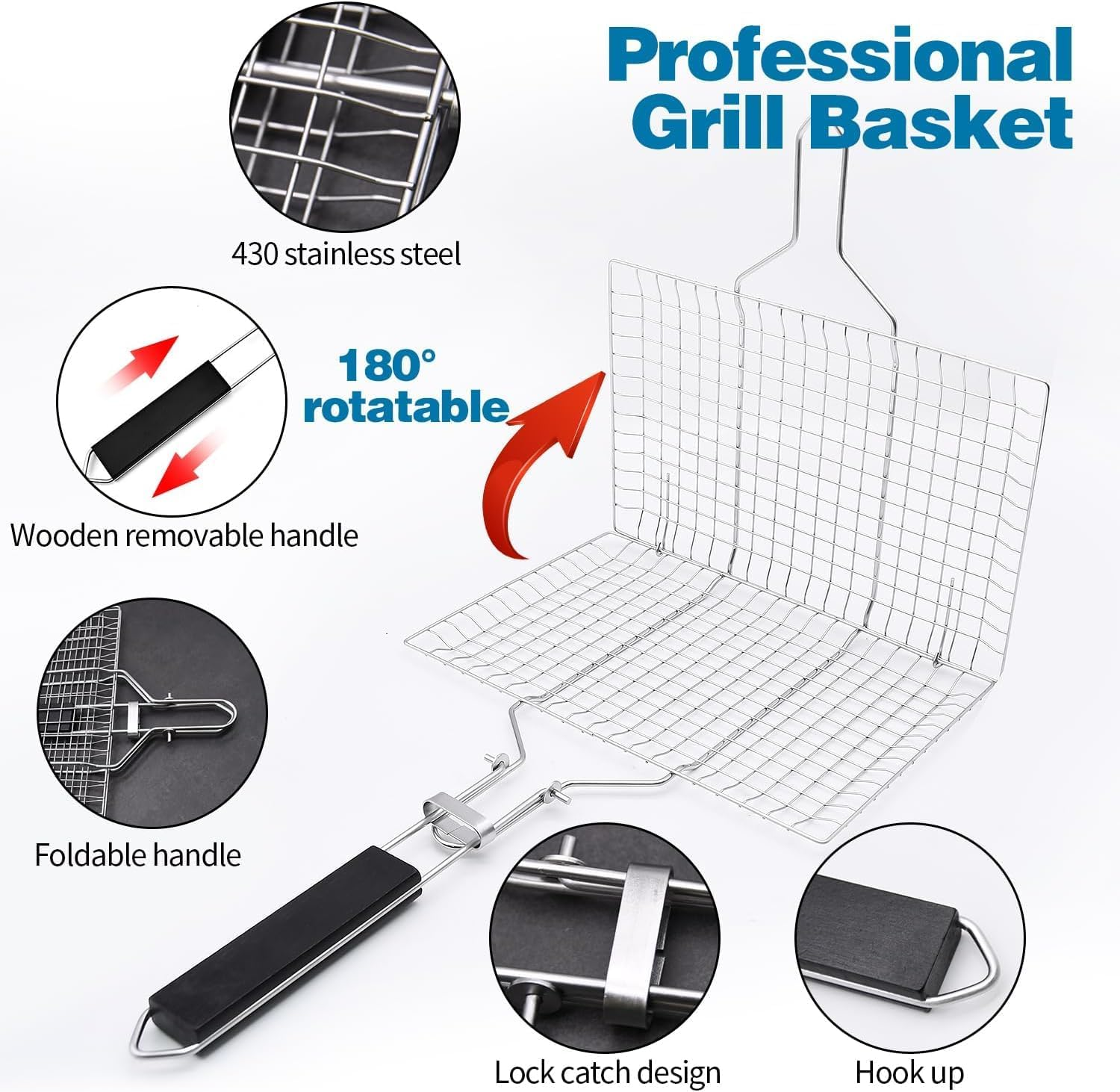 Cozioz Large Folding Grill Basket with Cleaning Brush &ndash; Stainless Steel BBQ Basket for Chicken, Meat, Steak, Chops, and Vegetables