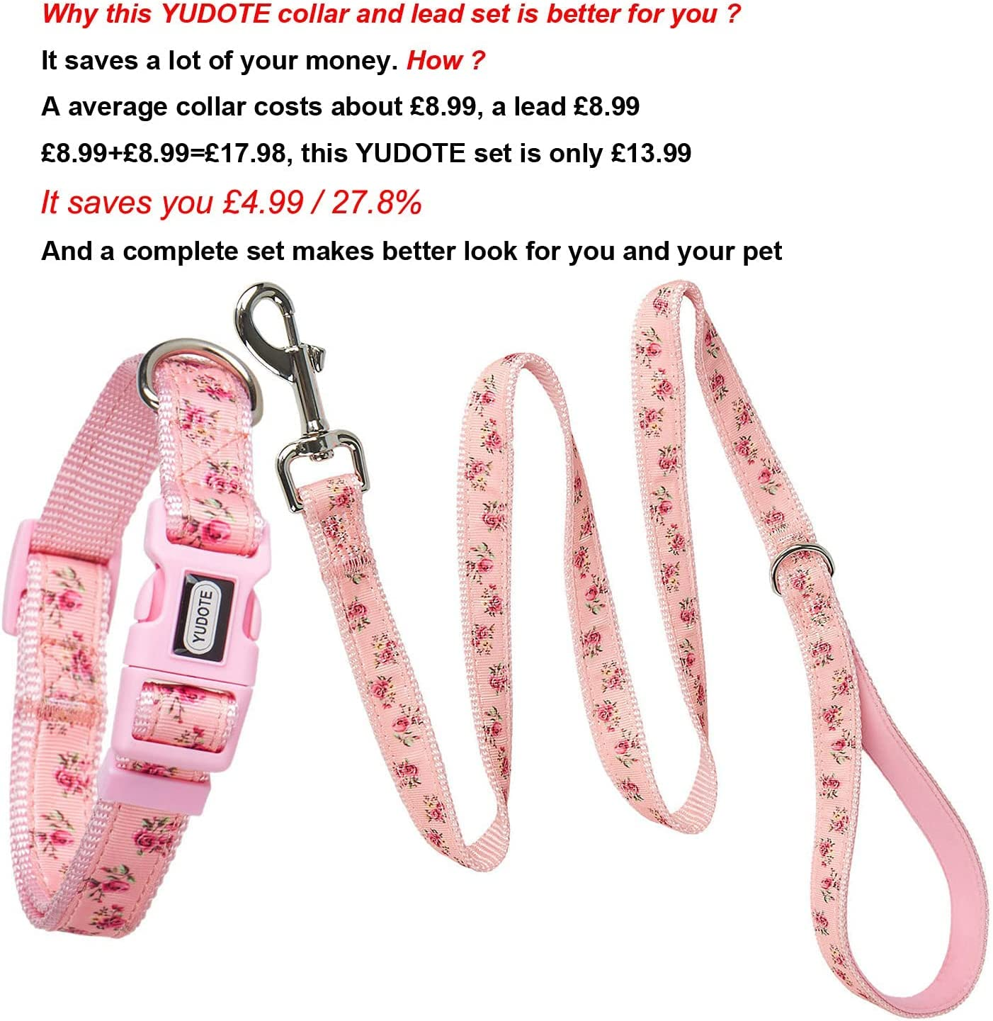 YUDOTE Floral Dog Collar and Lead Set Medium,Strong Pink Nylon Collar and Leash Combo for Active Female Dogs Daily Use,Floral Pink image number 3