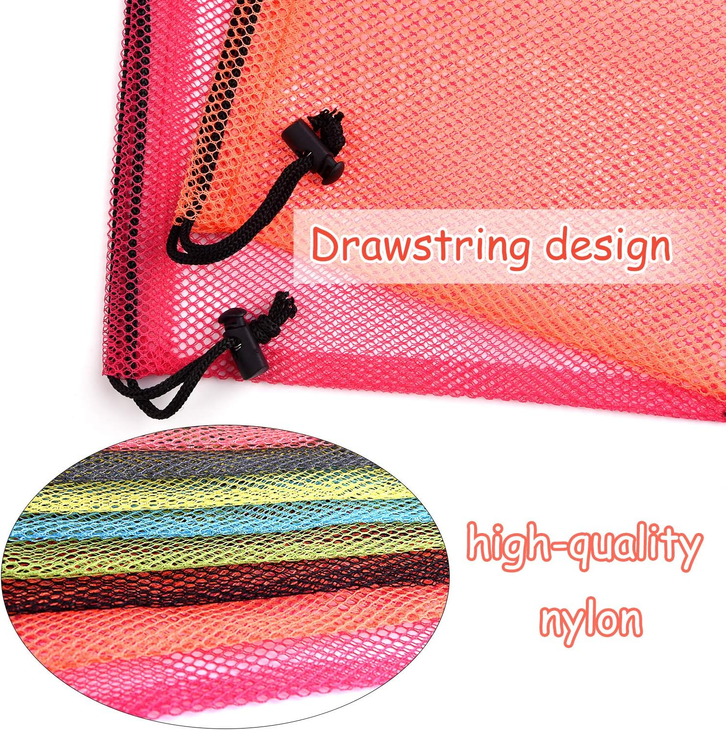 KUUQA 10 Pcs Mesh Drawstring Bag, Laundry Bag, Mesh Stuff Sack, Golf Ball Bag, Nylon Mesh Bag for Storage, Travel and Sports (Colorful, 13"X15.5")