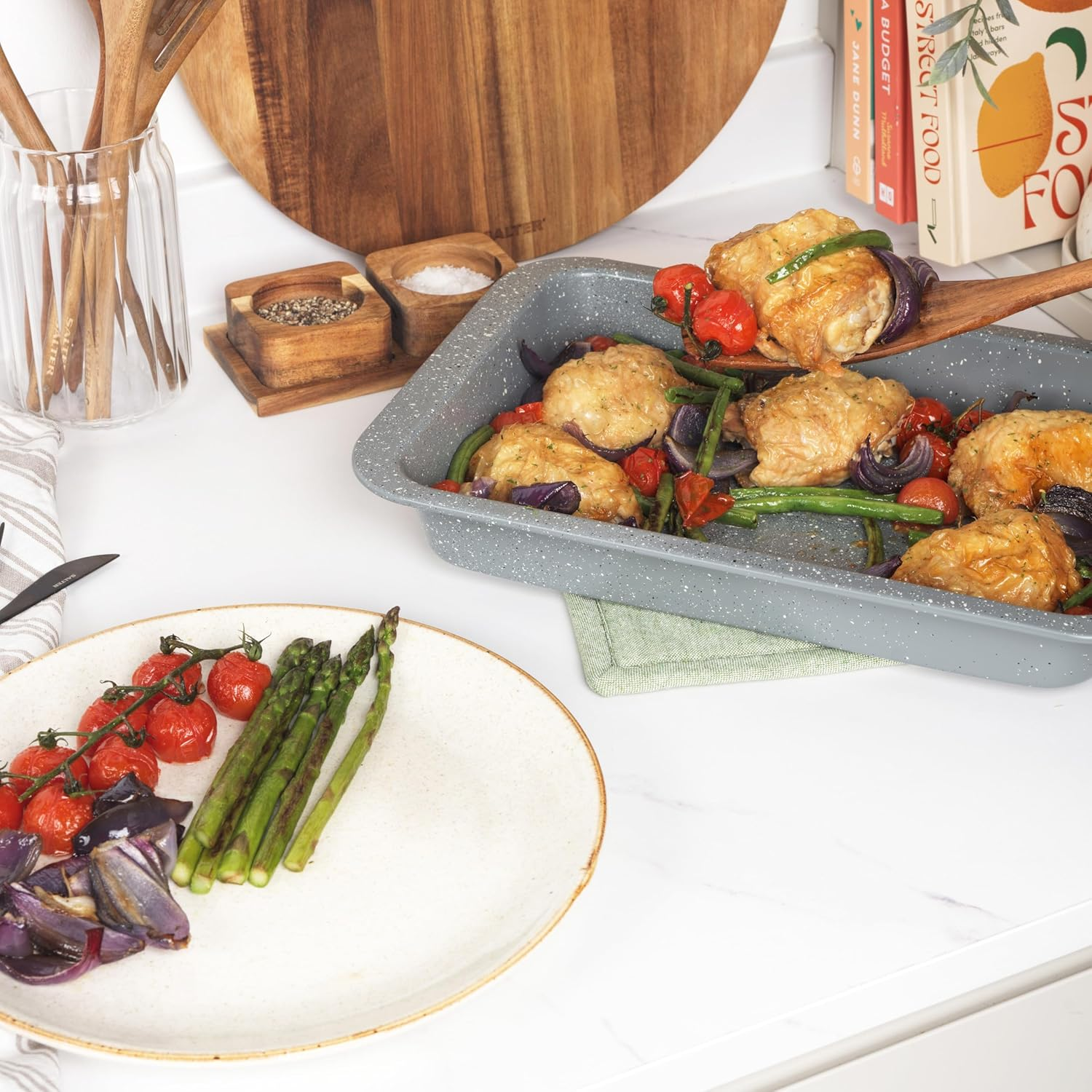 Salter BW02774G Marblestone Roasting Tin &ndash; 36Cm Non-Stick Roaster, Lightweight Carbon Steel, Easy Wipe Clean, High Side Rectangular Roasting Tray, Oven Safe to 220&deg;C, PFOA Free, Deep Baking Pan image number 2