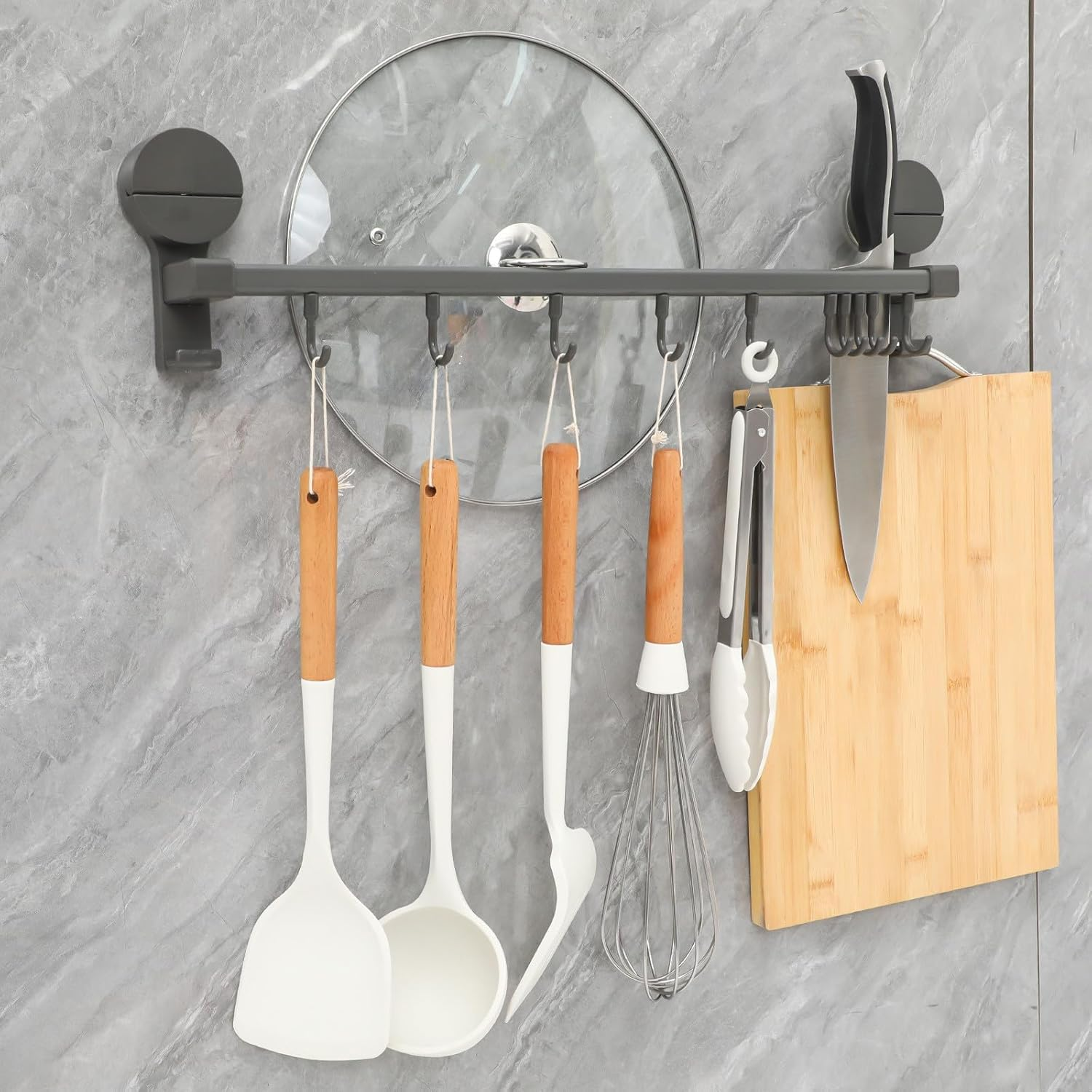 Suction Cup Kitchen Utensil Rack with Hooks No-Drill Wall Mounted Sliding Rail Organizer for Kitchen Bathroom Bedroom and Hanging Holder for Tools and Towels image number 2