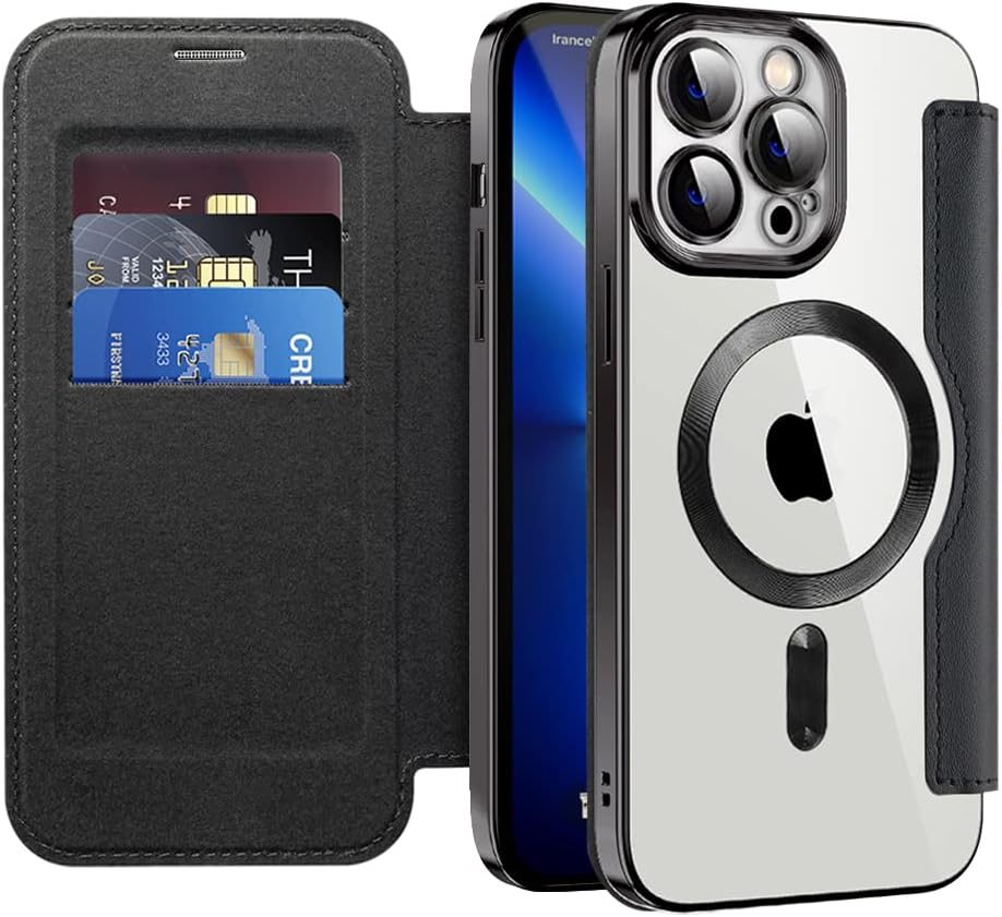 QIWEIQING Magnetic Case for Iphone 13 Pro Max, Compatible with Magsafe, PU Leather Flip Wallet with Card Slot, Transparent Back Mobile Phone Case for Iphone 13 Pro Max, Black JDC image number 6
