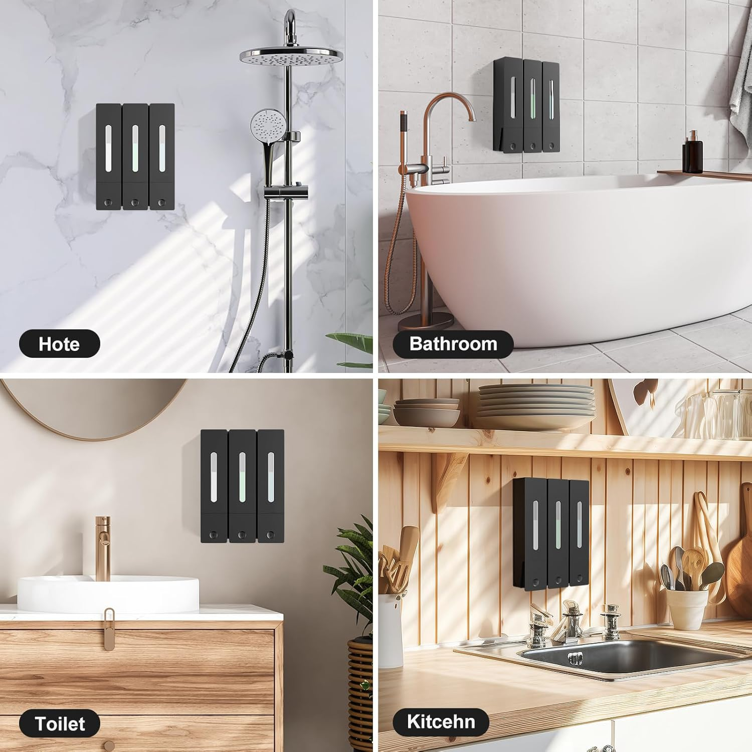 Shampoo and Conditioner Dispenser - Wall-Mounted 3-Chamber Shower Soap Dispenser, No-Drill, Bathroom Soap Dispenser, 1200ML Large Capacity, for Bathroom & Hotel, Black image number 3