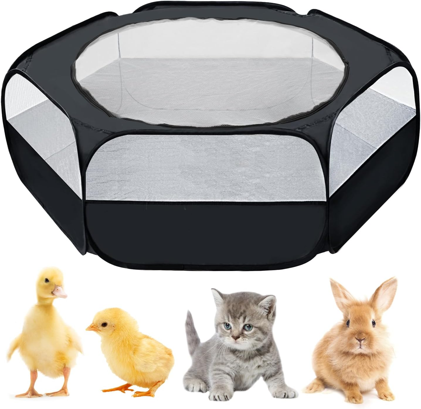 UWE Small Animal Playpen, Chicken Brooder Box with Cover Top, Portable Outdoor Exercise Pet Cage Tent, Waterproof Breathable Pet Playpen Indoor for Chick Ktiien Bunny Hamster Guinea Pig, Black