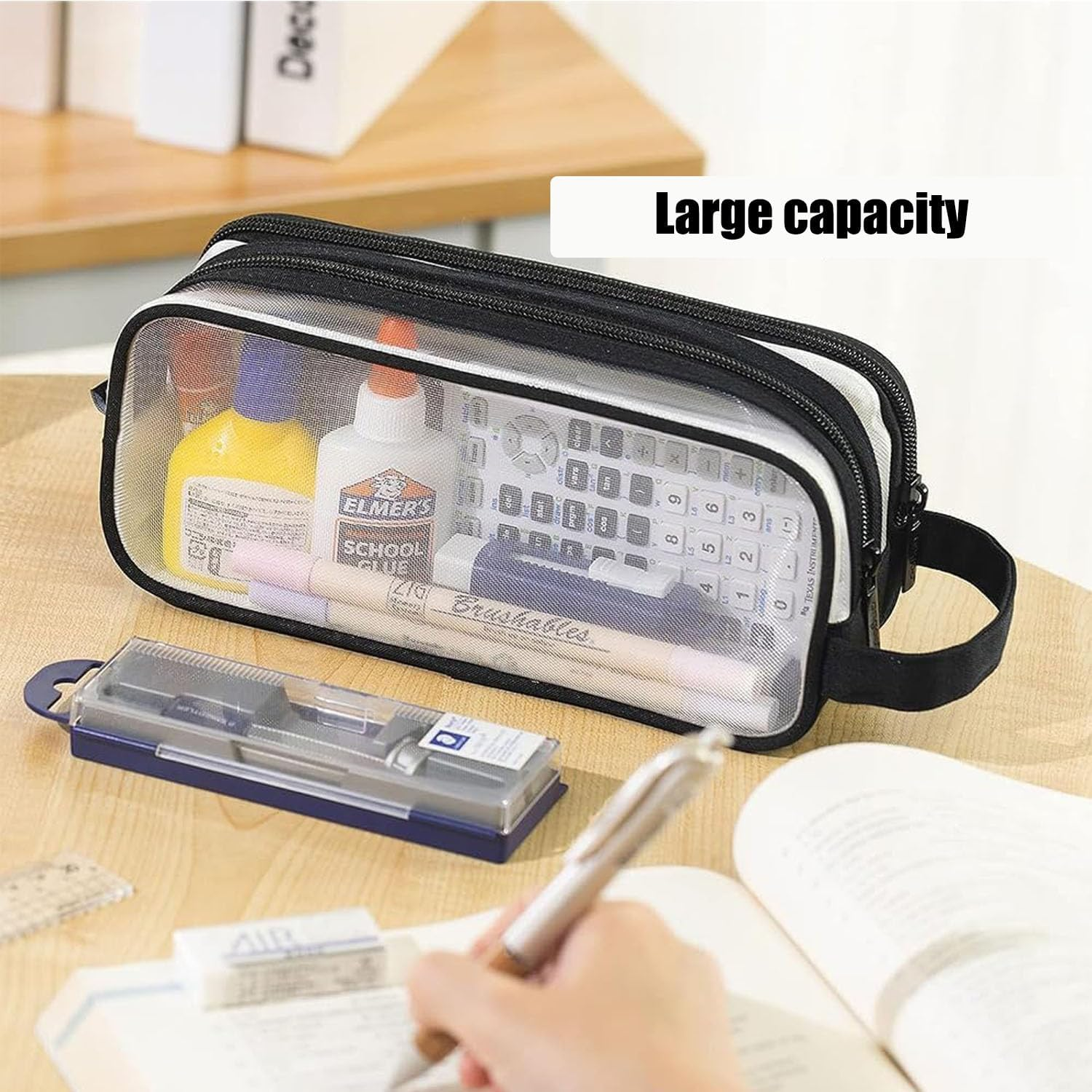 Grid Mesh Pen Pencil Case with Zipper, 2 Compartment Clear Pencil Case Pouch, Clear Zipper Transparent Stationary Makeup Bag, Multi-Purpose Transparent Stationery Bag (Black)