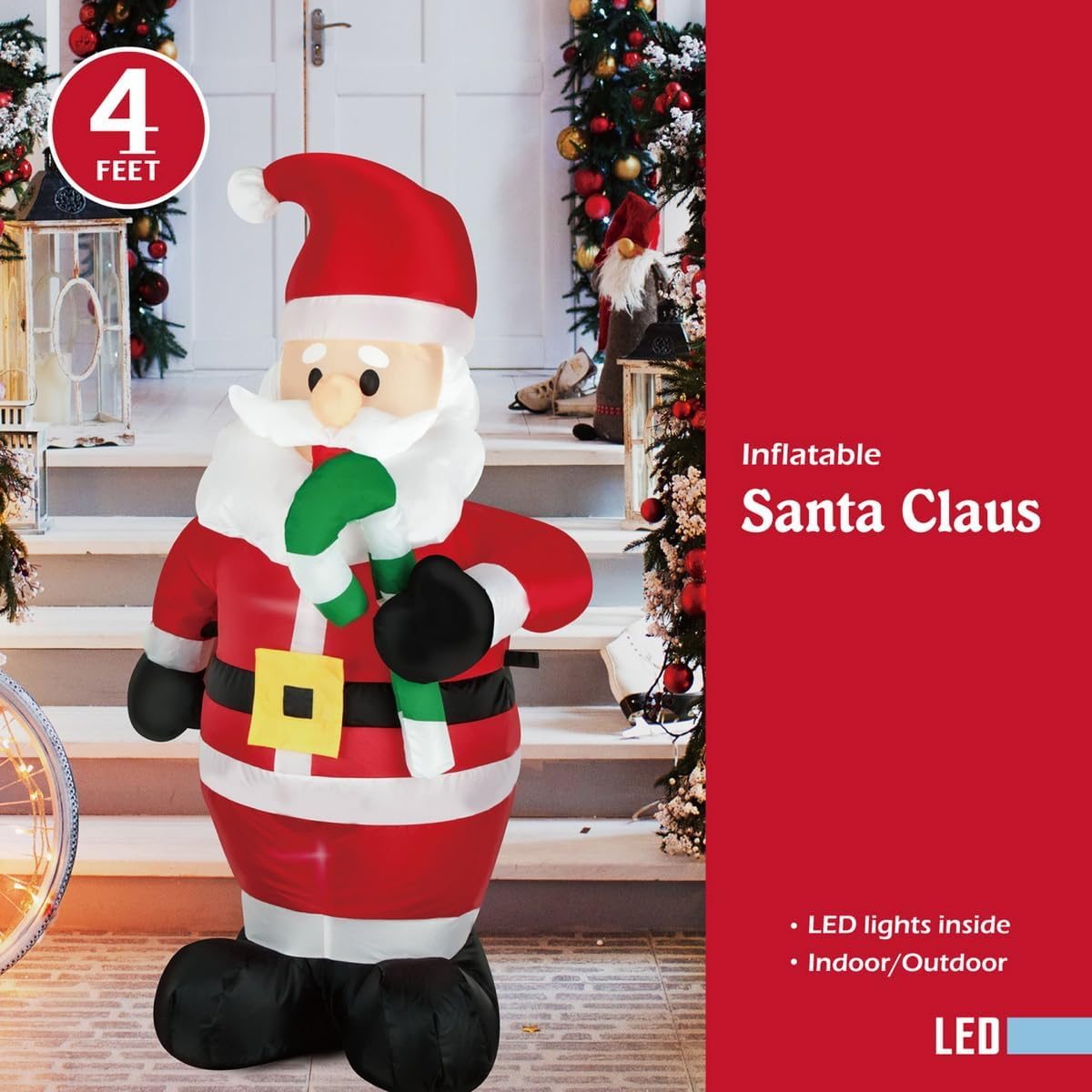 Christmas Inflatables Santa Claus Holds Green Candy Cane Lighted Inflatable Christmas Garden Yard Lawn Decoration with Built in Fan and Anchor Ropes 4 Feet Tall image number 5