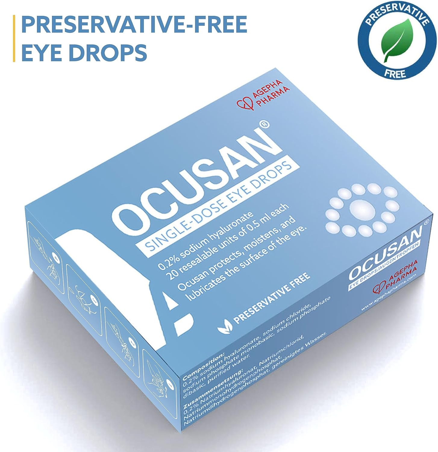 Ocusan Single Dose Eye Drops for Dry Eyes | Lubricant Eye Drops Suitable for Use with Contact Lenses | Preservative Free | Contains Hyaluronic Acid | Artificial Tears for Red, Itchy & Sore Eyes