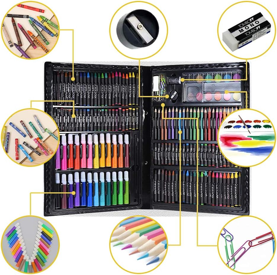 MIAOKE 168 Piece Art Set, Drawing Box for Children - Colored Pencils, Crayons, Oil Pastels, Watercolor Cake, Eraser, Pencil Sharpener, HB Pencil,18-Page Sketch Pad