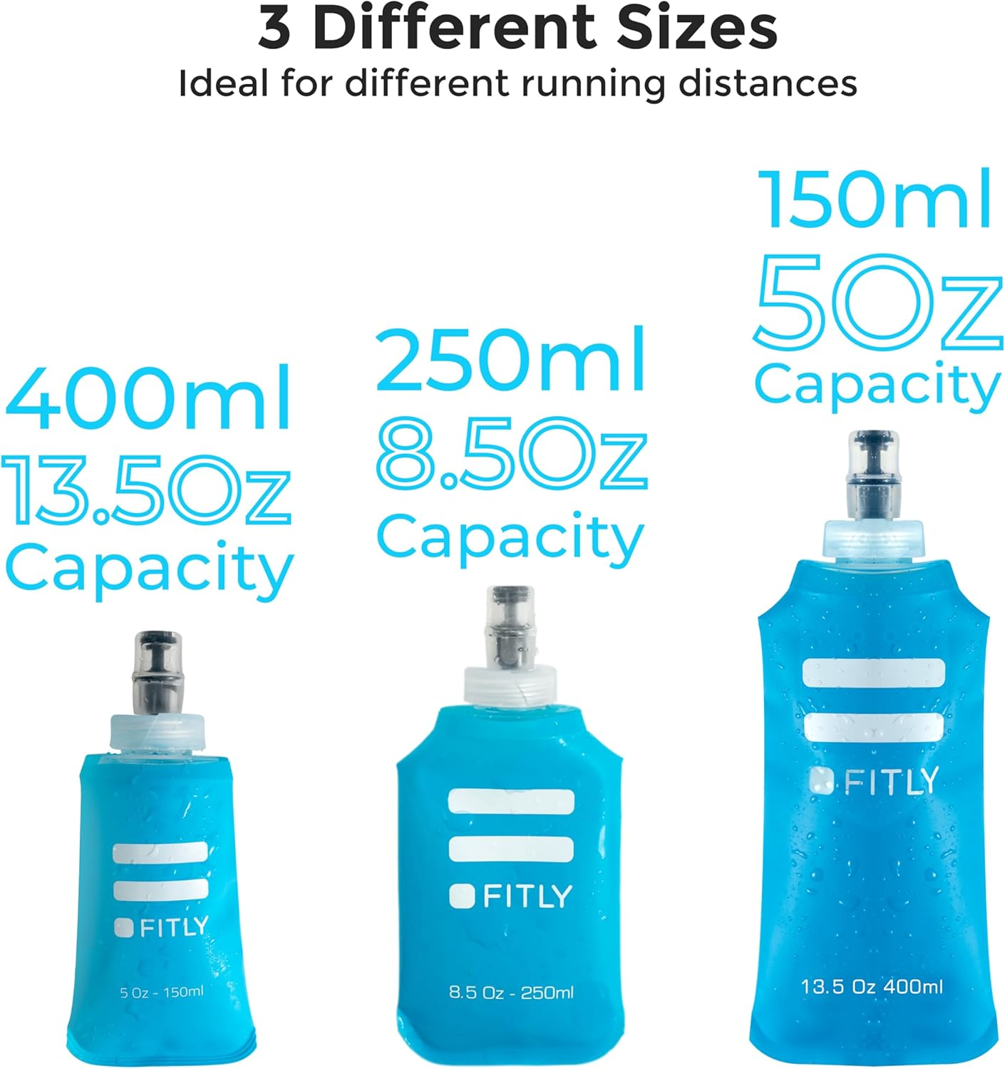 FITLY Soft Flask 3 Pack - 5Oz/150Ml, 8.5Oz/250Ml, & 13.5Oz/400Ml - Shrink as You Drink, BPA & Pvc-Free, Collapsible, Reusable, Perfect for Running, Hiking, Climbing