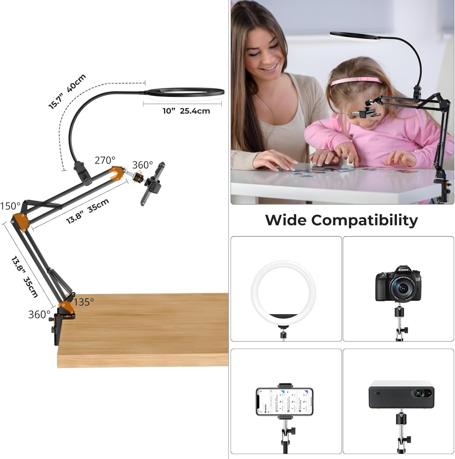 Sensyne 10" Ring Light with Overhead Phone Mount, LED Selfie Light with Stand and Phone Holder, Desk Light for Iphone, Desk Tripod for Video Recording, Youtube, Tiktok, Live Stream, Cooking, Vlog image number 5