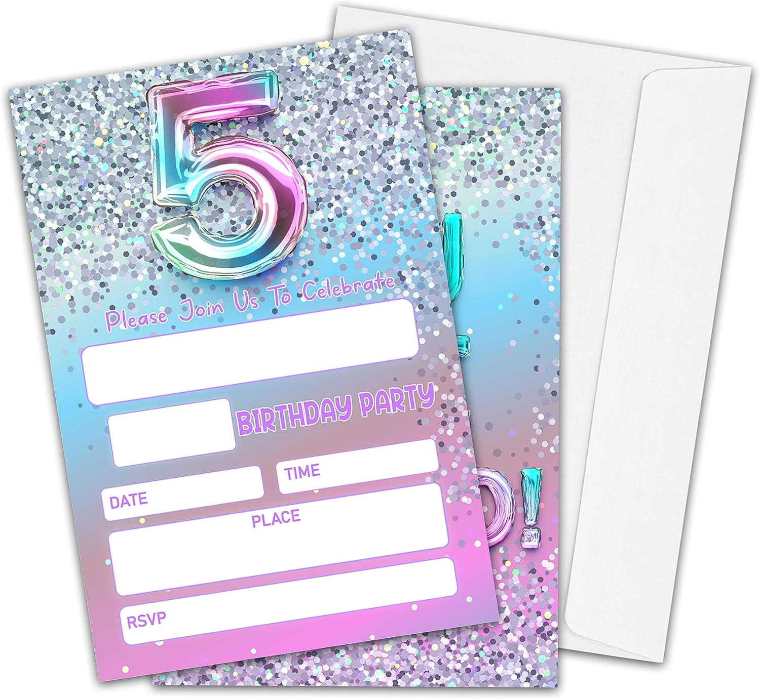 5Th Birthday Party Invitations for Girls or Boys, Silver Glitter Theme Birthday Parties Supplies Decorations, Rainbow Balloons Fill-In Invites(20 Invitations and Envelopes)-D01