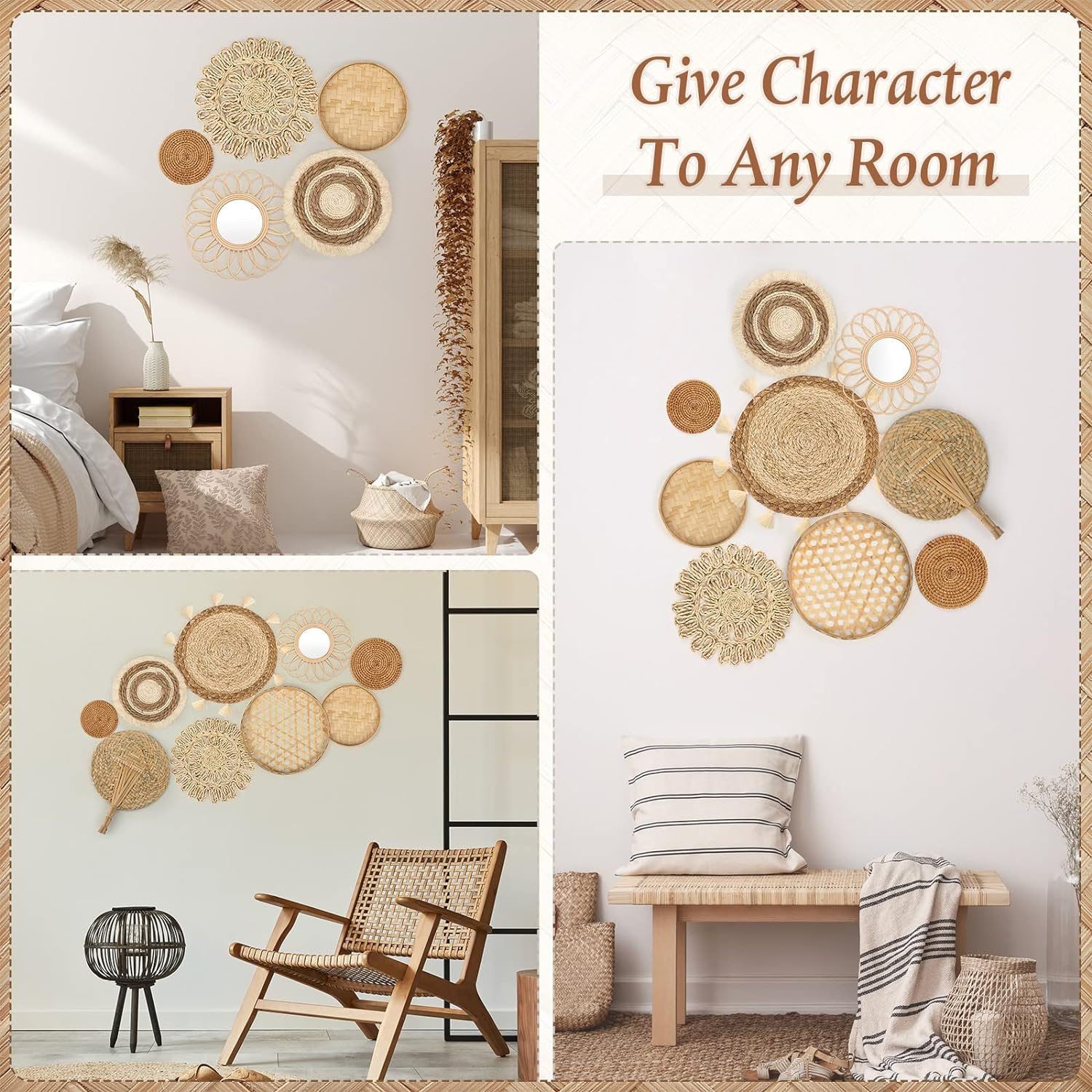 Unittype Set of 9 Wall Basket Decor Boho Hanging Rattan Wall Decor Flat round Wicker Mirror Woven Macrame Tassels Tapestry Bamboo Basket Handmade Serving Tray Art for Room Bedroom Living Room image number 1