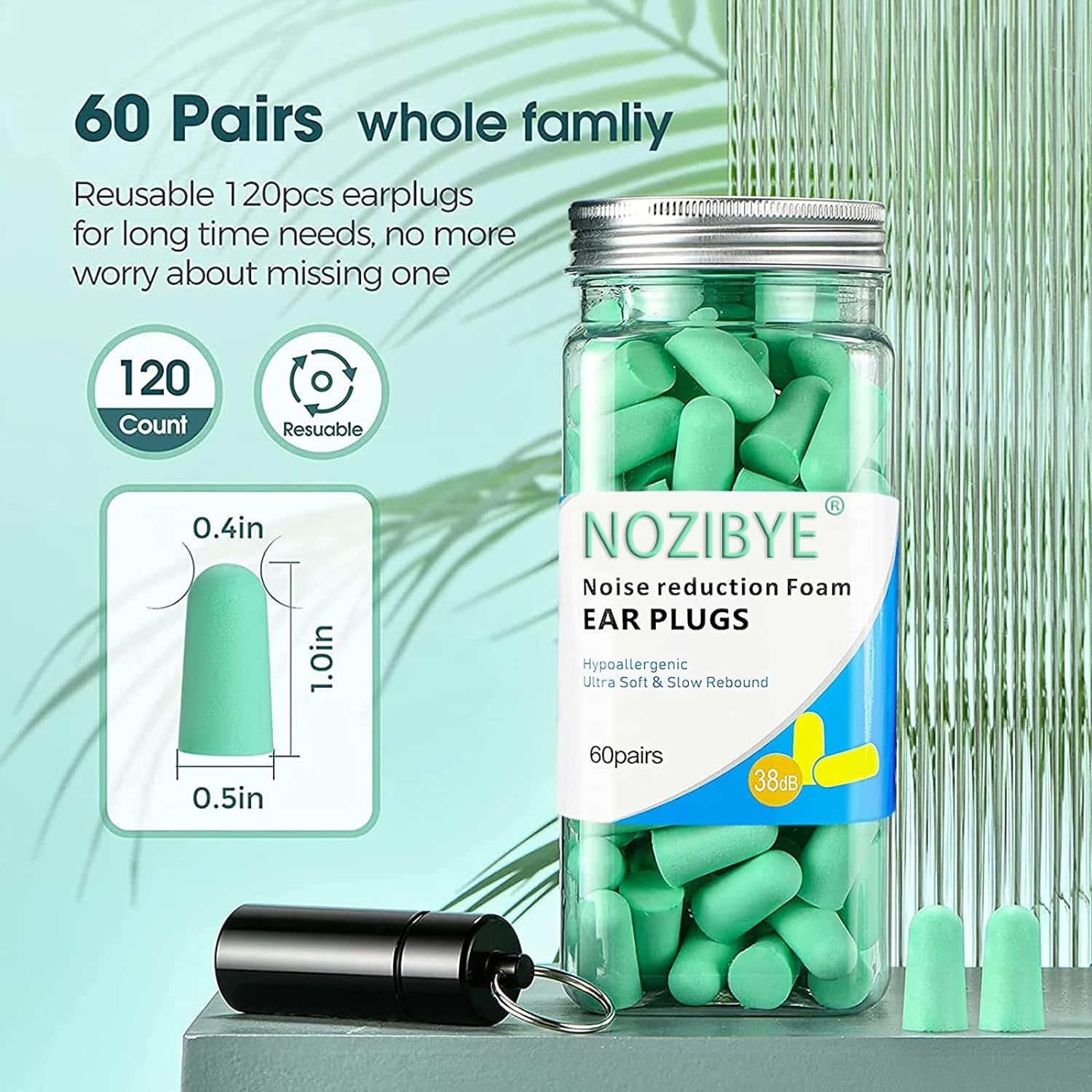 Nozibye Ultra Soft Foam Earplugs, 120 Pieces (60 Pairs) - 38Db SNR Noise Cancelling Ear Plugs for Sleeping, Shooting, Snoring, Studying, Concerts, Work, Loud Sound Reduction (Mint Green) image number 4