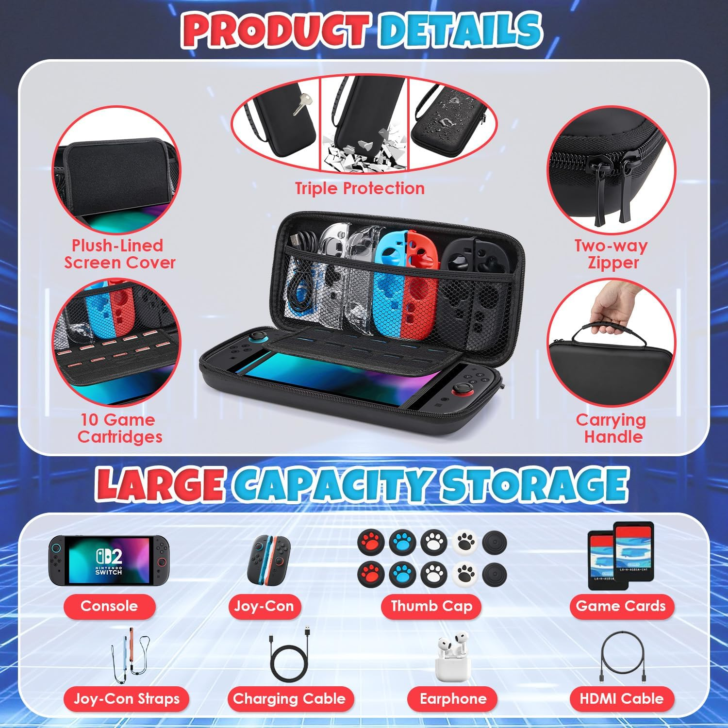 WOTOW Switch 2 Accessories Bundle Kit for Nintendo, Protective Carrying Case with Screen Protectors, Steering Wheels, Grips for Joy-Con2 and Console Protective Shells (Black) image number 5