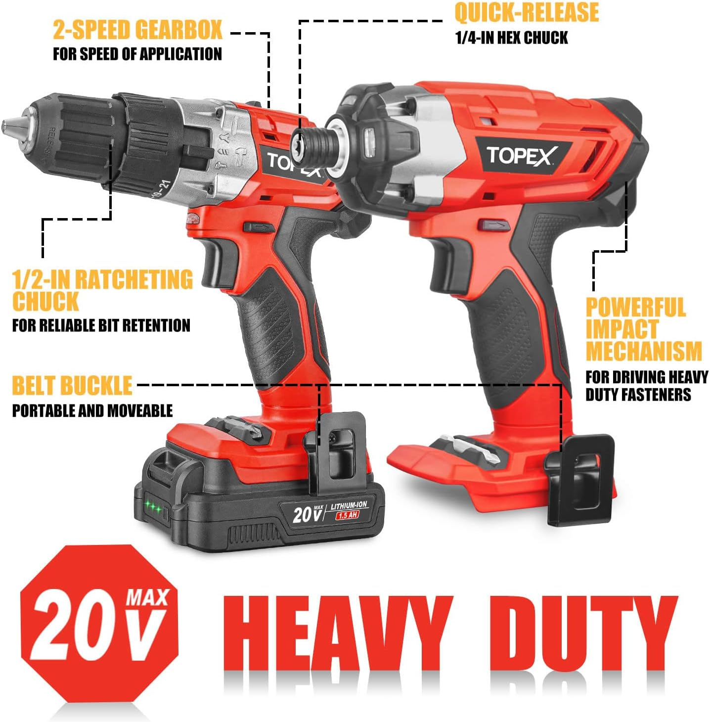 TOPEX 20V Cordless Hammer Drill Impact Driver Power Tool Combo Kit W/Drill Bits image number 1