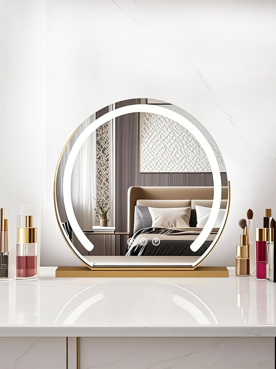 Hollywood Make up Mirror with Led Lights Lighted up Table Vanity Mirror Bedroom Dresser Big Standing Mirror (40Cm,Matte Gold) image number 3