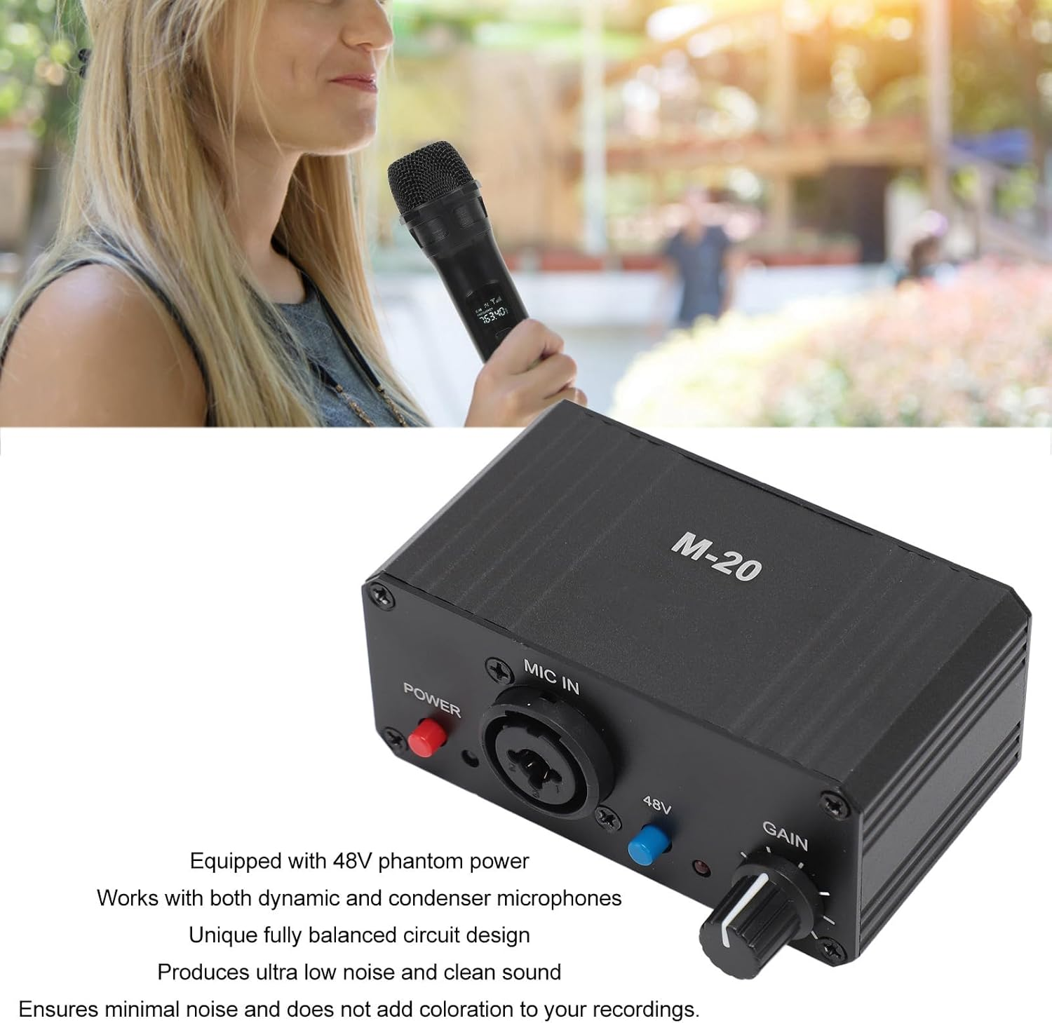 Dynamic Microphones Preamplifier, 48V Phantoms Power XLR Mic Amplifier, Universal Condenser Microphone Preamps for Professional Studios, Recording, Podcasting image number 4