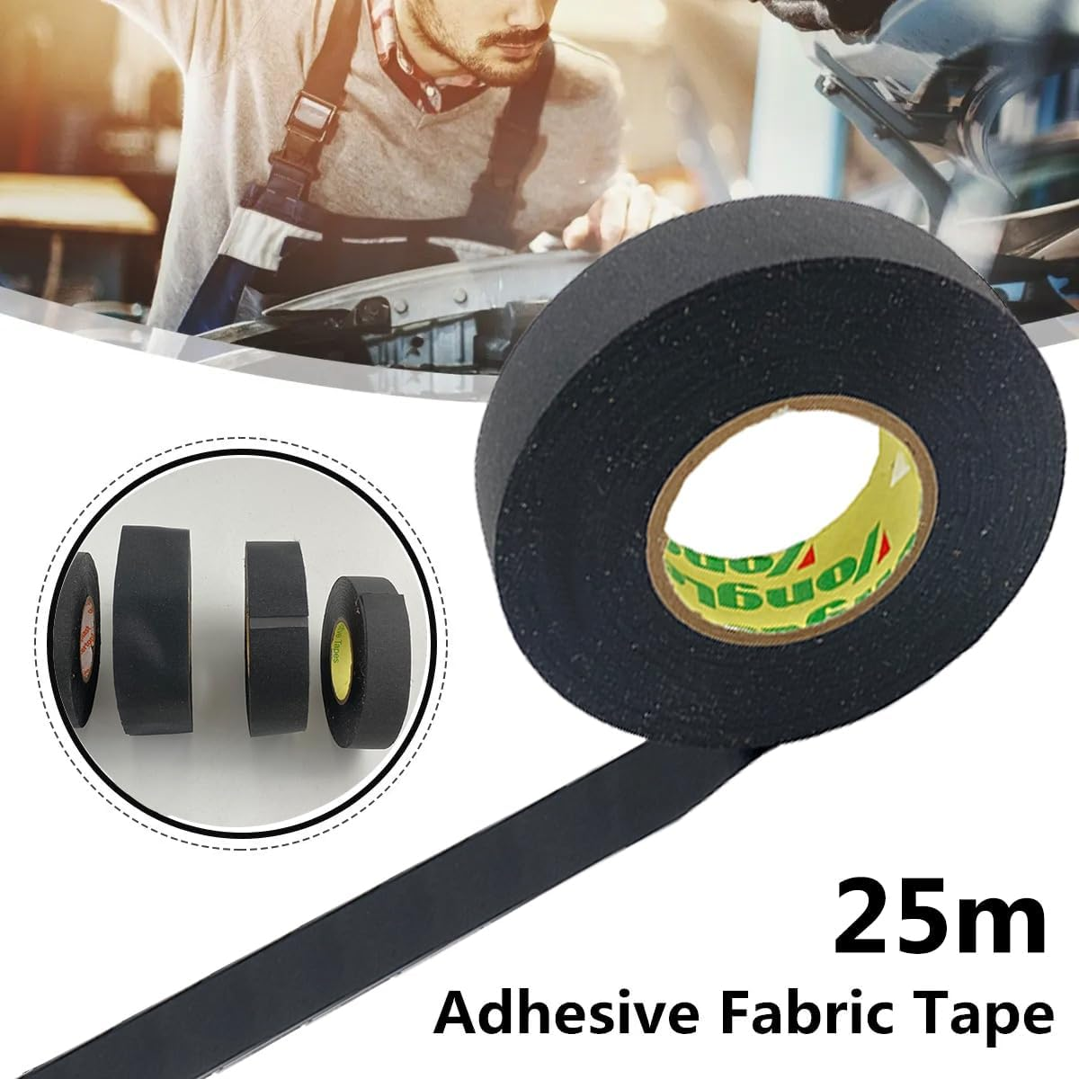 25M Heat-Resistant Adhesive Cloth Fabric Tape Wool Roll Black Wiring Harness Electric Cable Wire Tape Tools 19/25/32/50Mm (Color : 25 M, Size : 19Mm)