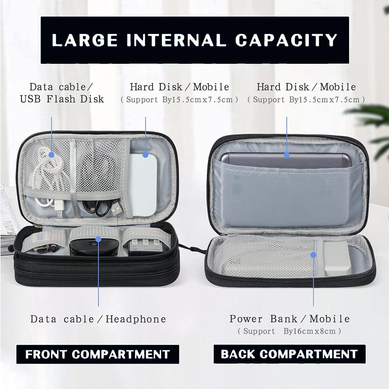 Travel Cable Organizer Bag, Electronic Accessories Organiser, 2-Layer Carry Case Portable Waterproof Double Layers, All-In-One Storage Bag for Cable, Cord, Charger, Phone, Earphone (Black) image number 5