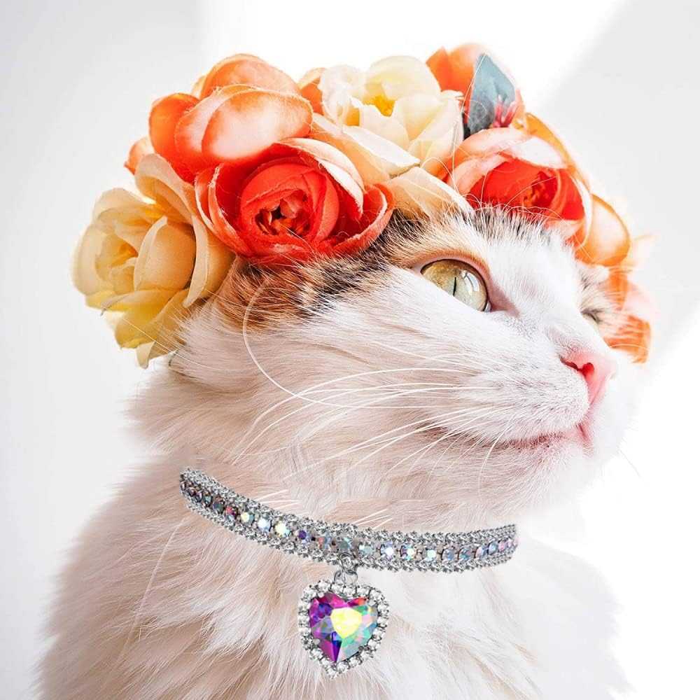 2 Pack Diamond Collar for Cat Bling Pet Dog Collar Fashion Crystal Diamond Adjustable Rhinestone Cat Necklace Cat Collars for Puppy Kitten (Heart,S) image number 5