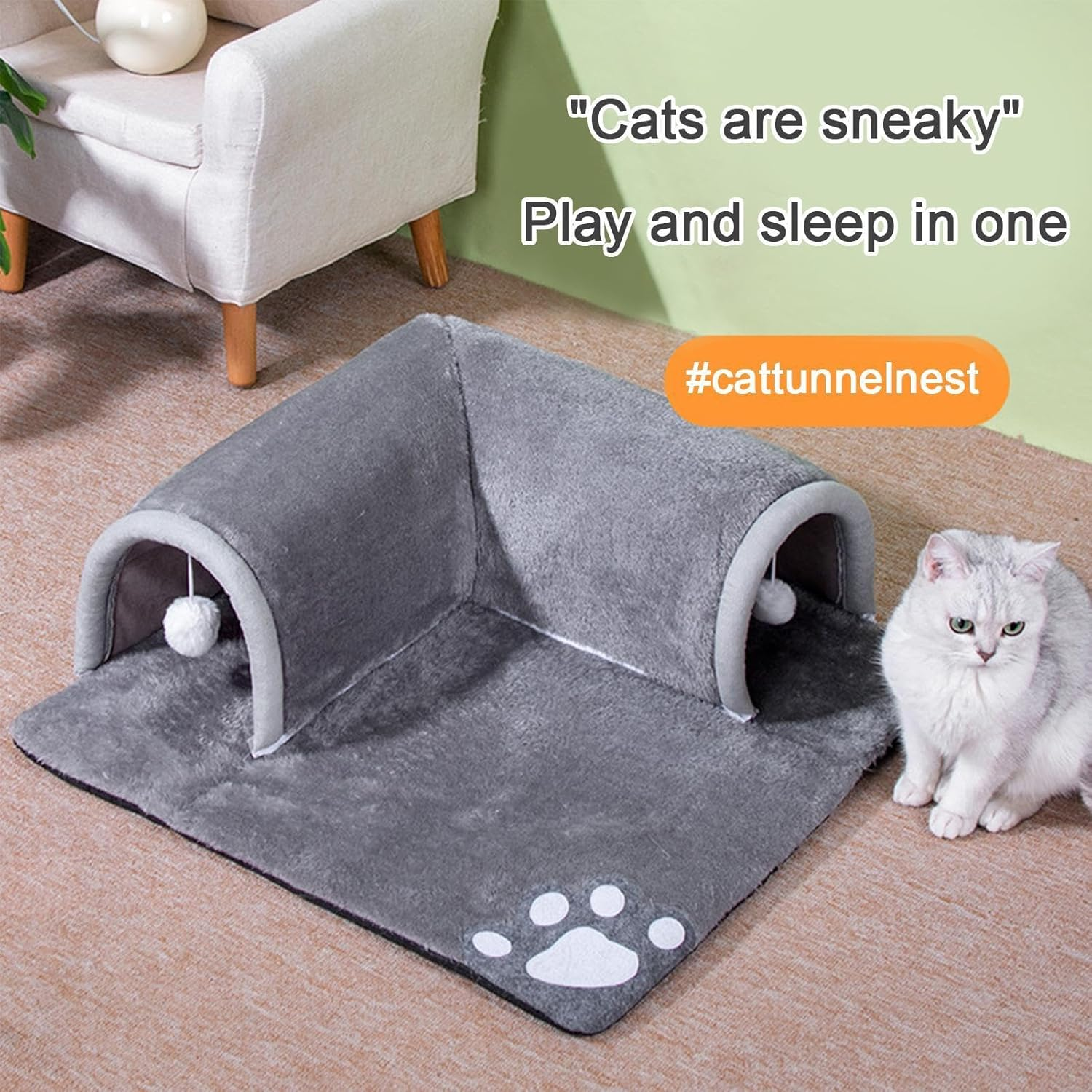 Cat Tunnel Bed, Cat Tube Toy, Cat Bed Tunnel and Mat, Portable Tunnel Bed, Velvet and Sponge Pet Cave Bed for Cat, Guinea Pigs, Dog, Rabbits, Small image number 1