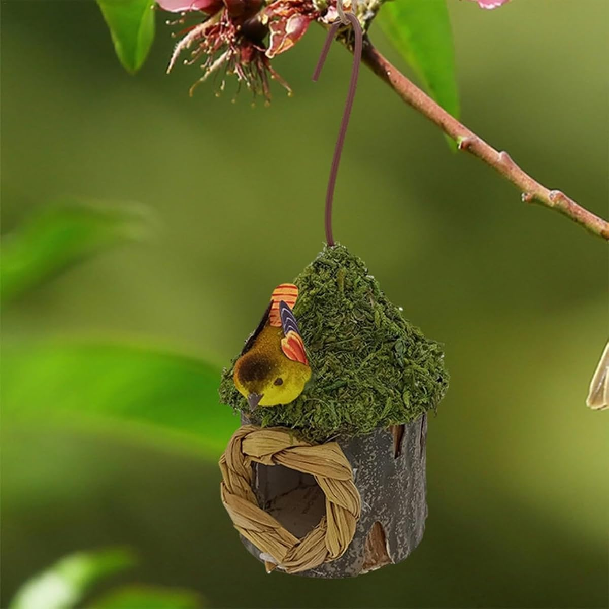 AIMALL Outdoor Hanging Wooden Birdhouse &ndash; Small Nesting Box for Hummingbirds & Finches, Moss Roof Garden Decor with Hook for Balcony, Tree, Courtyard 6.3X2.76X3.35In image number 4