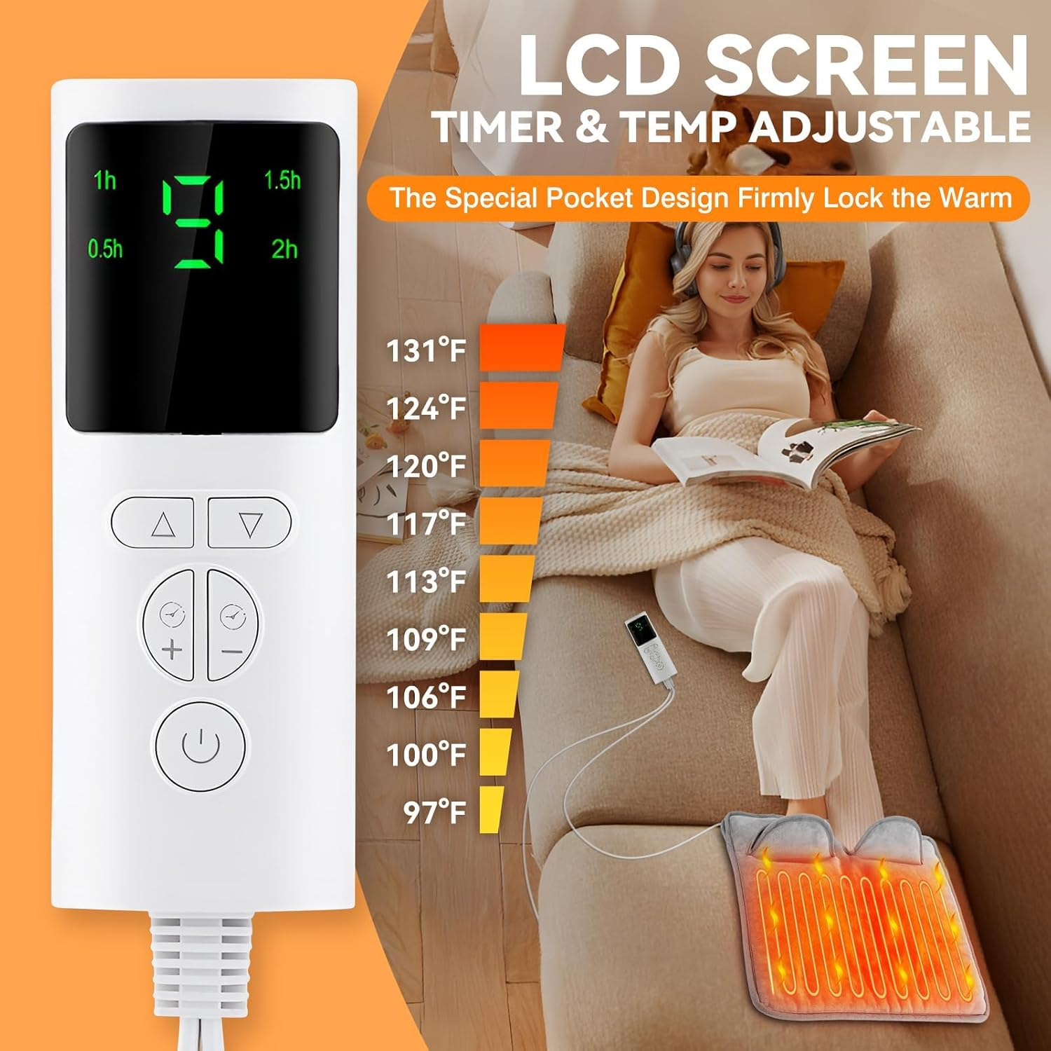 Sika Deer Electric Foot Warmer, Heated Feet Warmer for Bed, Portable Foot Heating Pad under Desk Foot Warmer with 9 Heating Levels & 4 Time Settings, Washable & Fast Heating Pad Foot Warmer. image number 5