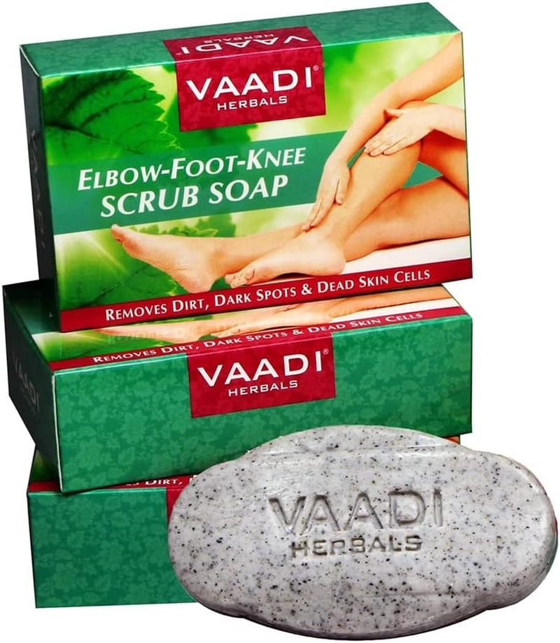 Vaadi Herbals Organic Elbow Foot Knee Scrub Soap (Bar Soap) with Almond and Walnut Scrub Clears Out Dead Skin Cells Making Them Softer, Cleaner Fairer. Also Removes Dark Spots, Blackheads on Hand, Pigmentation on Feet, Dry Patches - 3 X 75 Gm image number 4