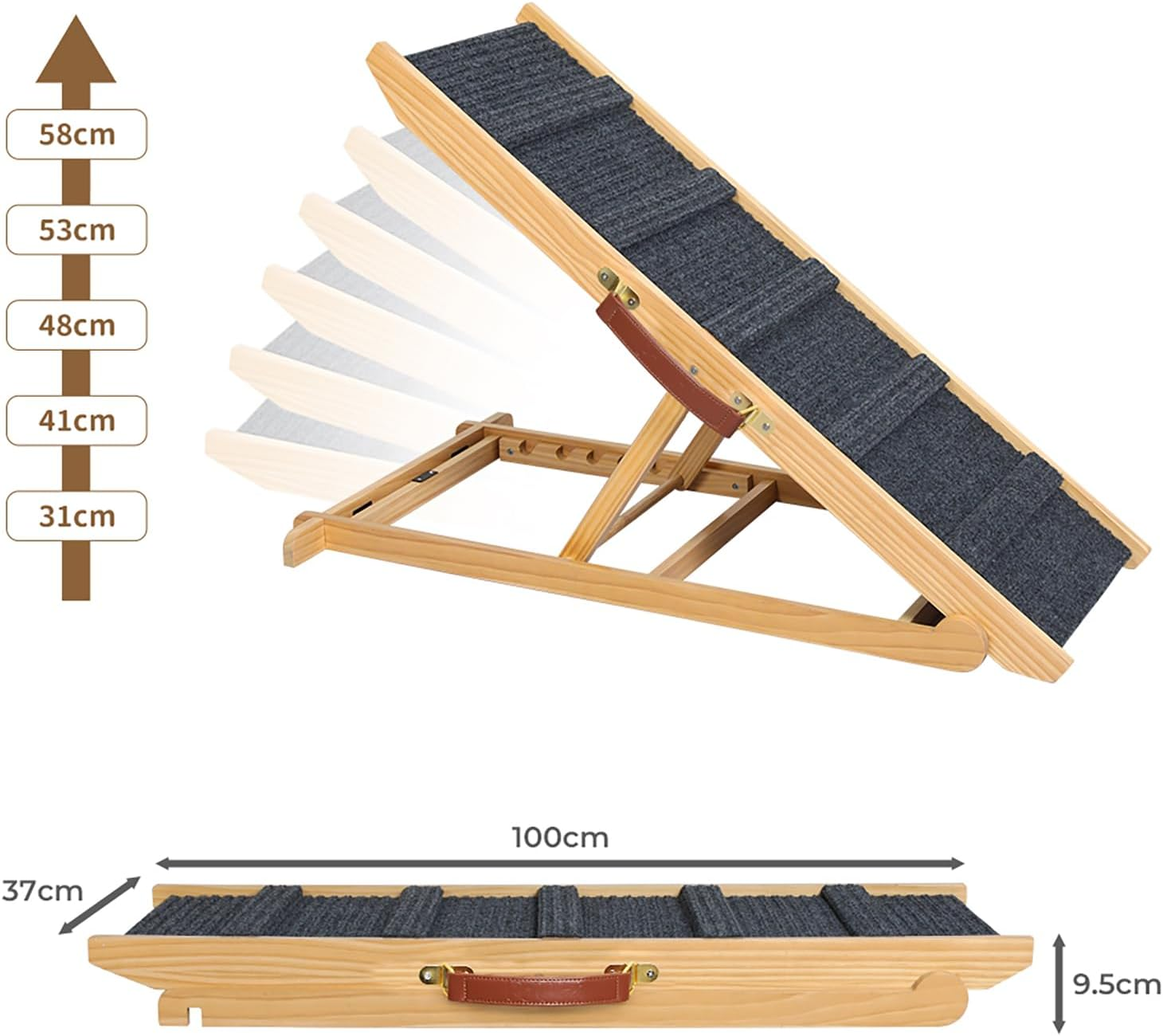 Pawz 100Cm Pet Ramp for Bed,5 Adjustable Height Dog Stair for Couch,Dog Ramp for High Bed Small Large Dog, Natural Wooden Folding Portable Cat Ramp Sofa，Non Slip Carpet Surface,Pu Handle,90Kg Capacity image number 3