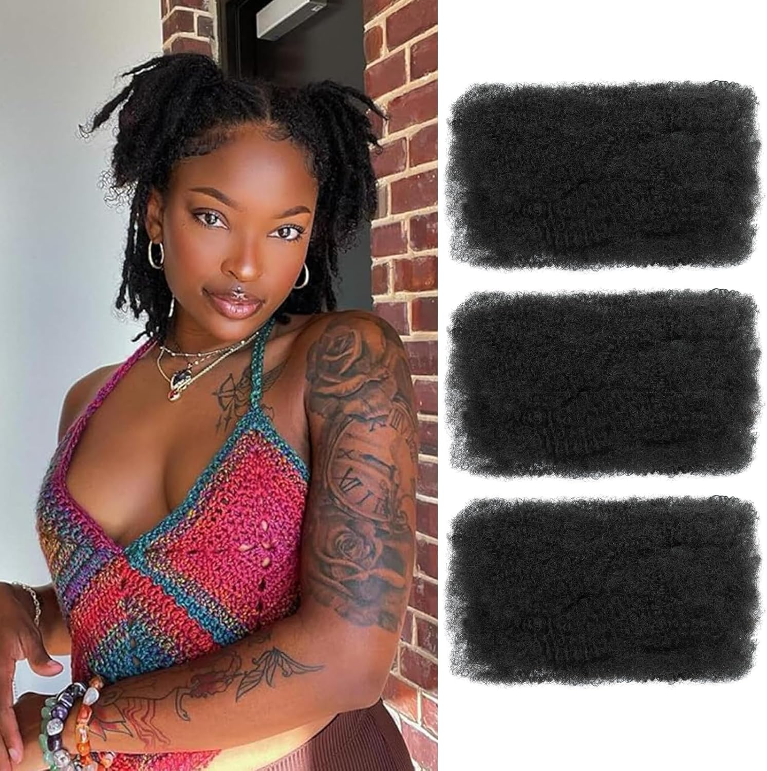 SHIHERESH 8 Inch Afro Kinky Curly Braiding Hair Bulk for Dreadlock Extensions 3 Bundles Marley Twist Hair Bulk for Micro Locs Spring Afro Twist Braids and Repair Locs (1B, 30 G/Pack) image number 2