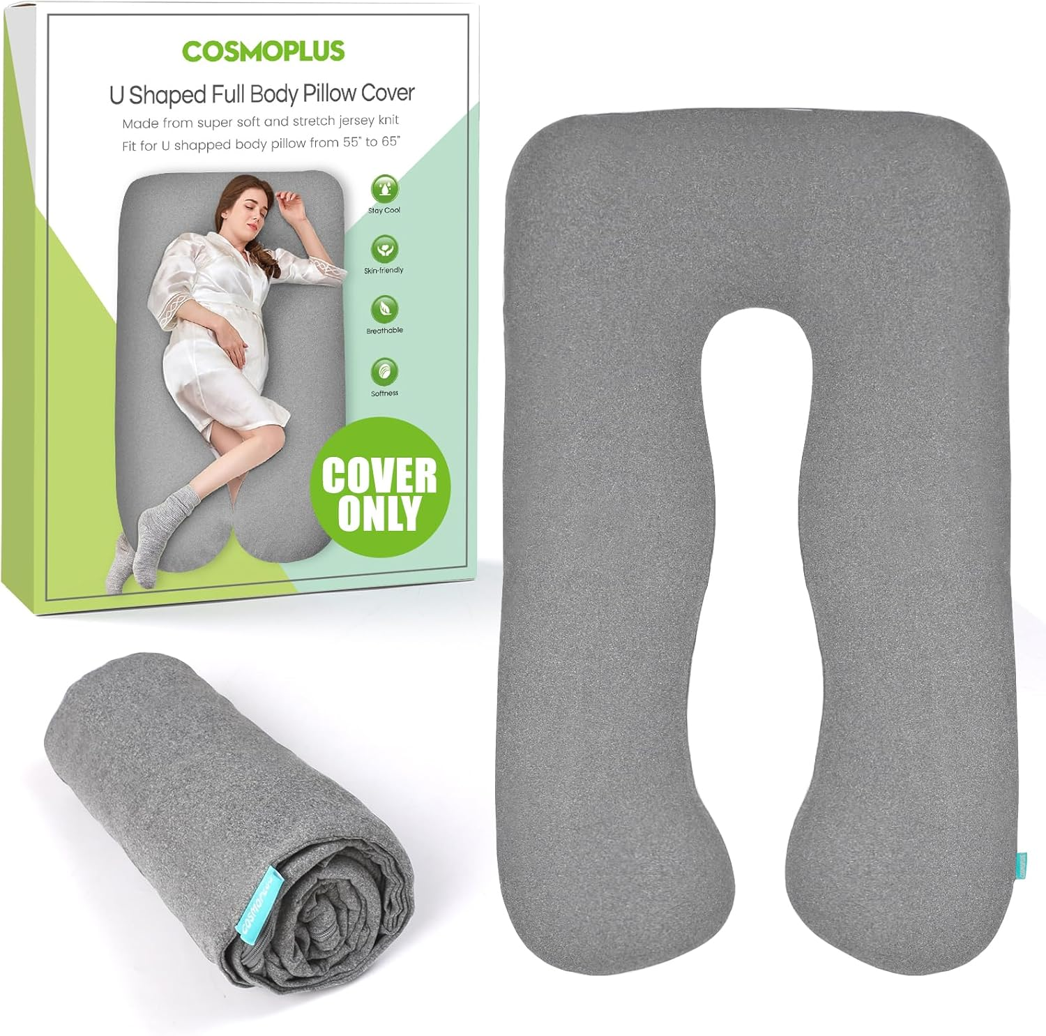 COSMOPLUS    U Shaped Full Body Pillow Case  for Maternity,Stretchy Cool Breathable Jersey Fabric, Provides Sleep and Pregnancy Support,Heather Grey