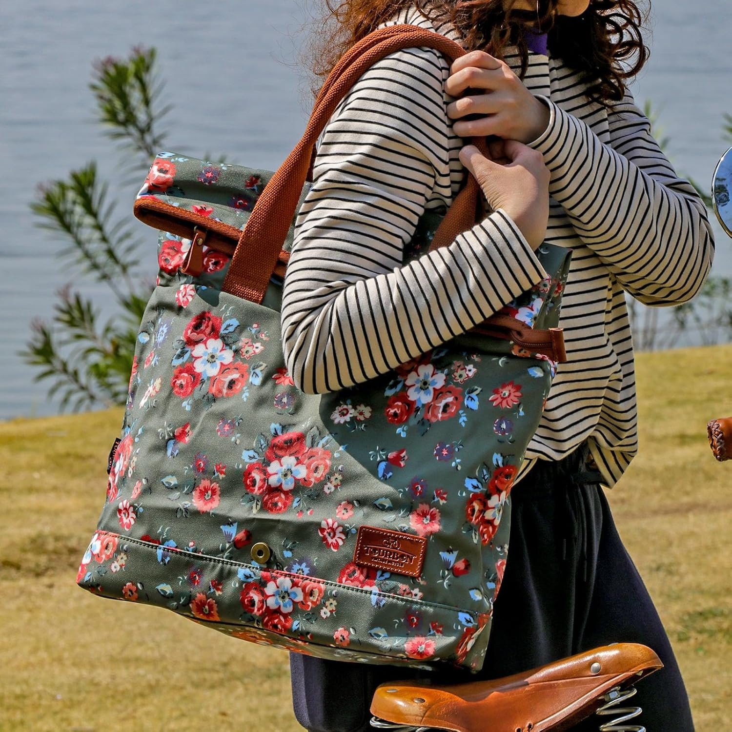 TOURBON Canvas and Leather Roll-Top Clip-On Bicycle Panniers Women'S Shoulder Tote Bag image number 5