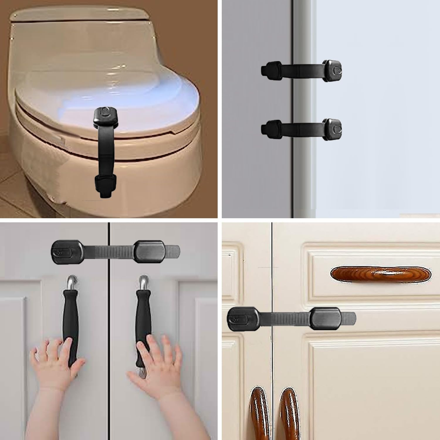 Proofing Safety Locks - 8 Packproof Lock with 8 Extra 3M Adhesives -Adjustable Flexible Strap Latches to Cabinet, Drawer, Cupboard, Toilet-Seat, Fridge, Oven, Window, Door -Black