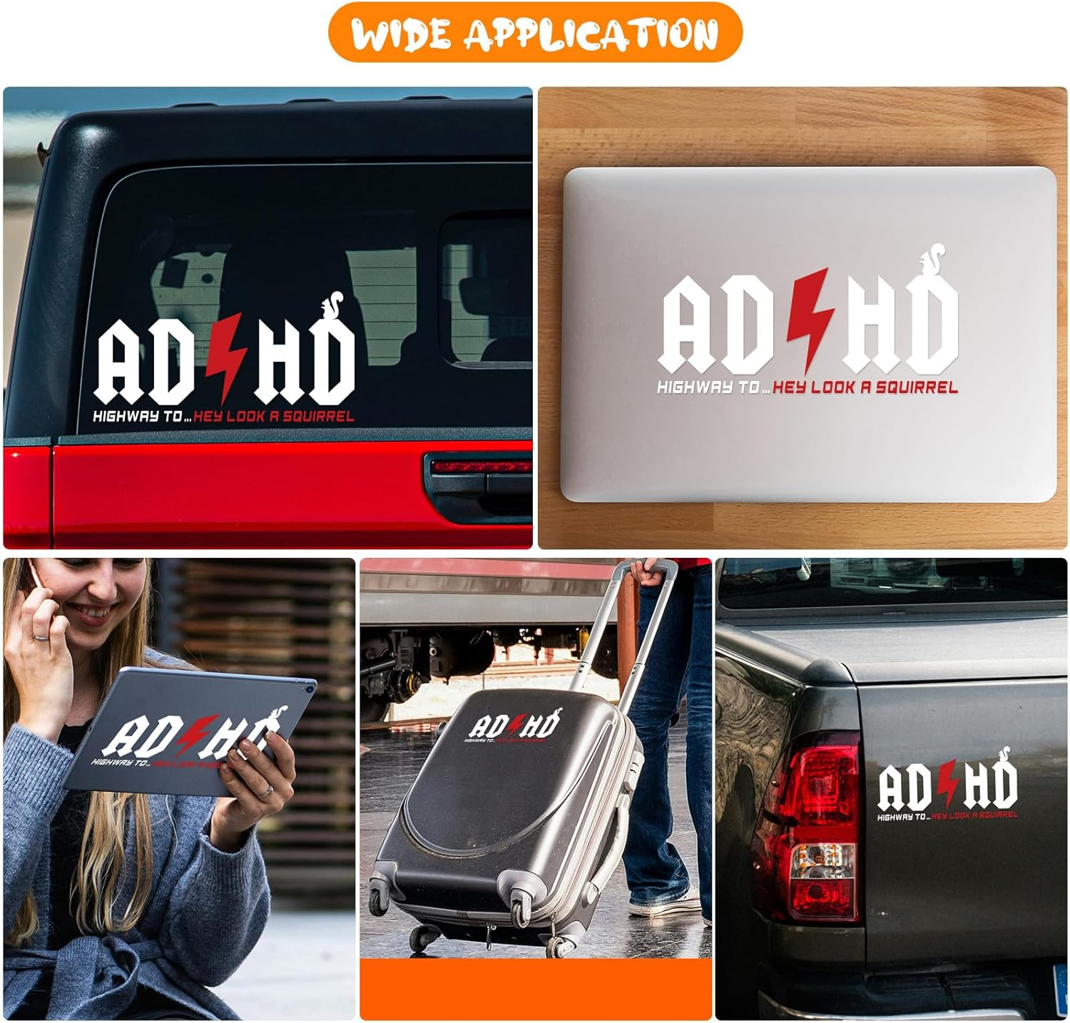 Aolamegs 2 Pcs ADHD Stickers - AD/HD Highway to Hey Look a Squirrel, 8" X 4" Funny Vinyl Truck Decals for Windows, Cars, Trucks, Laptops, Water Bottles image number 6