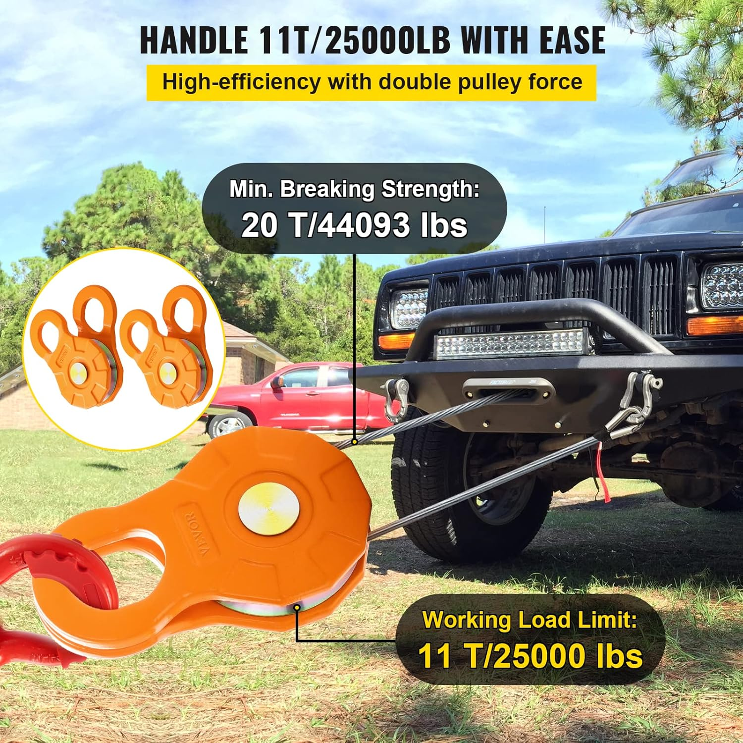 VEVOR Snatch Block, 11T/25,000 LBS Working Load Limit, Heavy Duty Winch Pulley for 0.55"/14 Mm Synthetic Rope or Soft Shackles, Off-Road Recovery Accessories for Tractor, Truck, ATV & UTV, 2 Packs image number 1