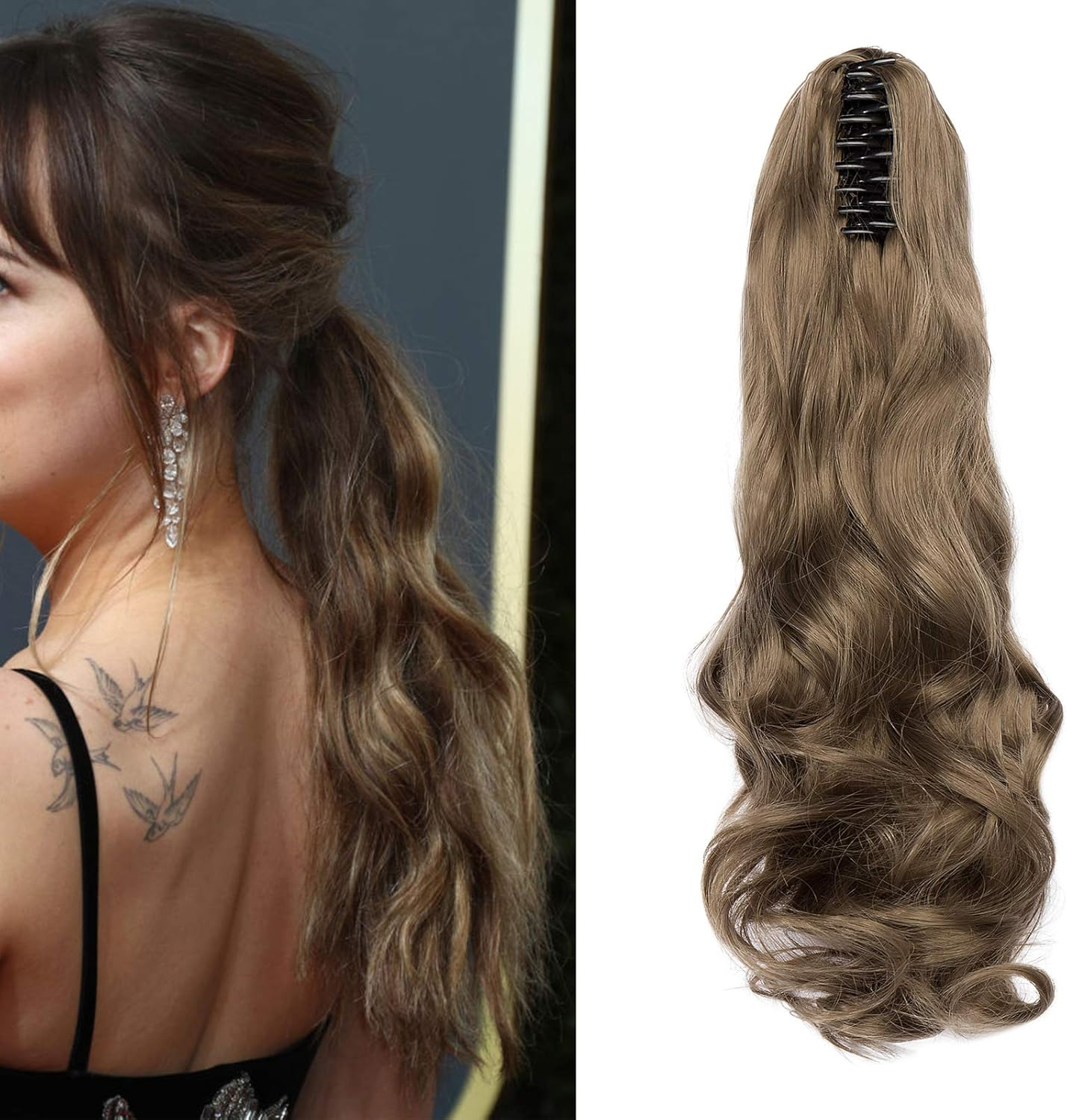 Cybelleza Clip-In Ponytail Extensions Braid Hairpiece Claw Ponytail Hair Extensions like Real Hair Wavy Curly Synthetic Hair Long Hair Heat Resistant Dark Brown