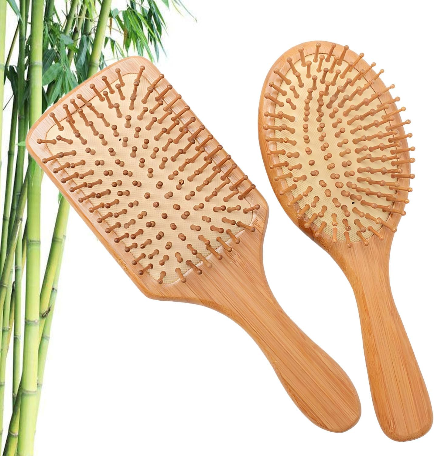2 PCS Natural Bamboo Hair Comb Set Wide Tooth Comb, Anti-Tangling Massage Bristle Detangling Hairbrush, Reduce Frizz Static Electricity Anti-Breakage, Wet & Dry Use for Straight Curly Fine or Thick Hair